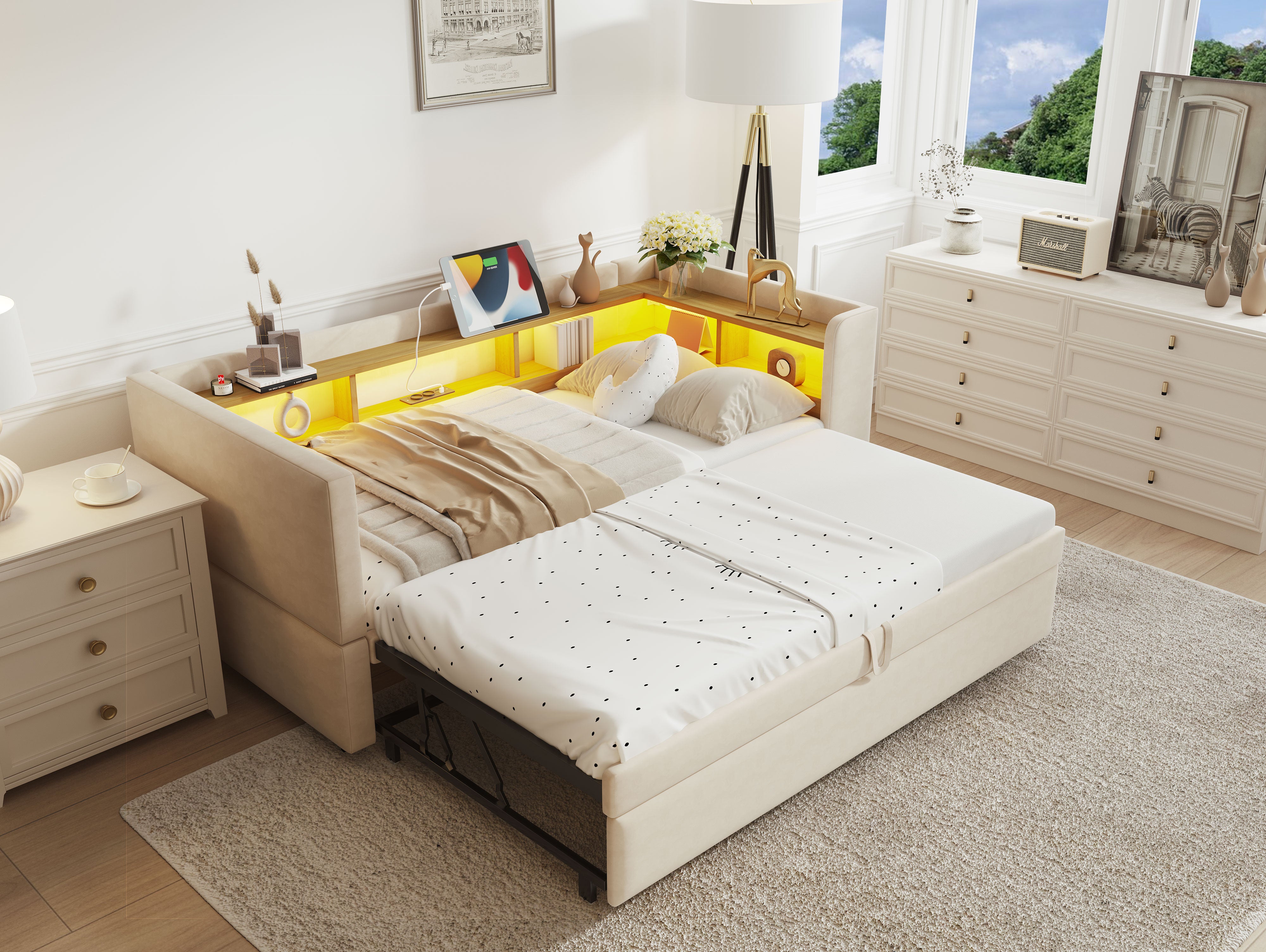 Multi-Functional Sofa Bed with Storage, LED Lighting & USB/Power Outlets, Beige