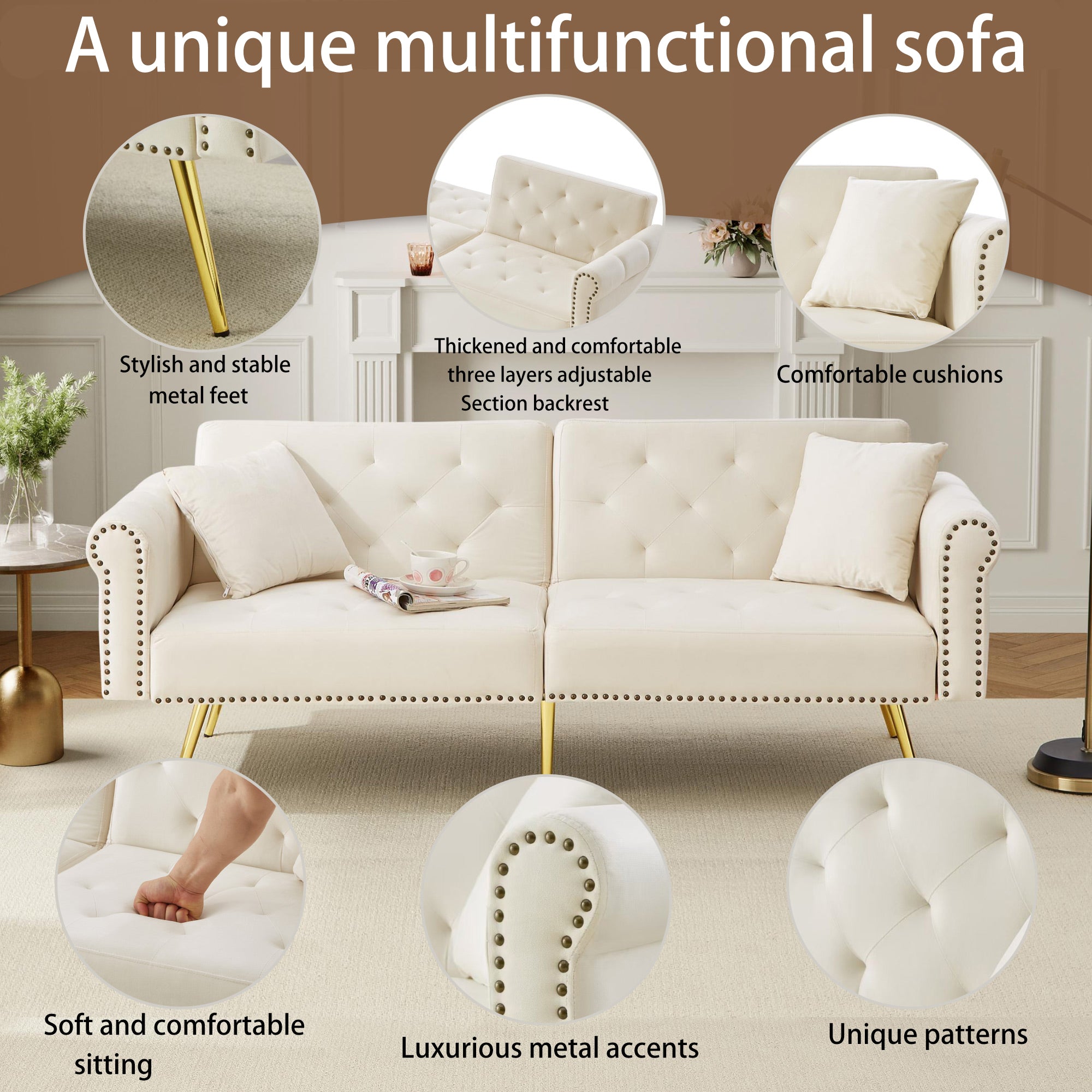 Modern 2-Seater Sofa Bed with 3-Stage Adjustable Backrest, Velvet