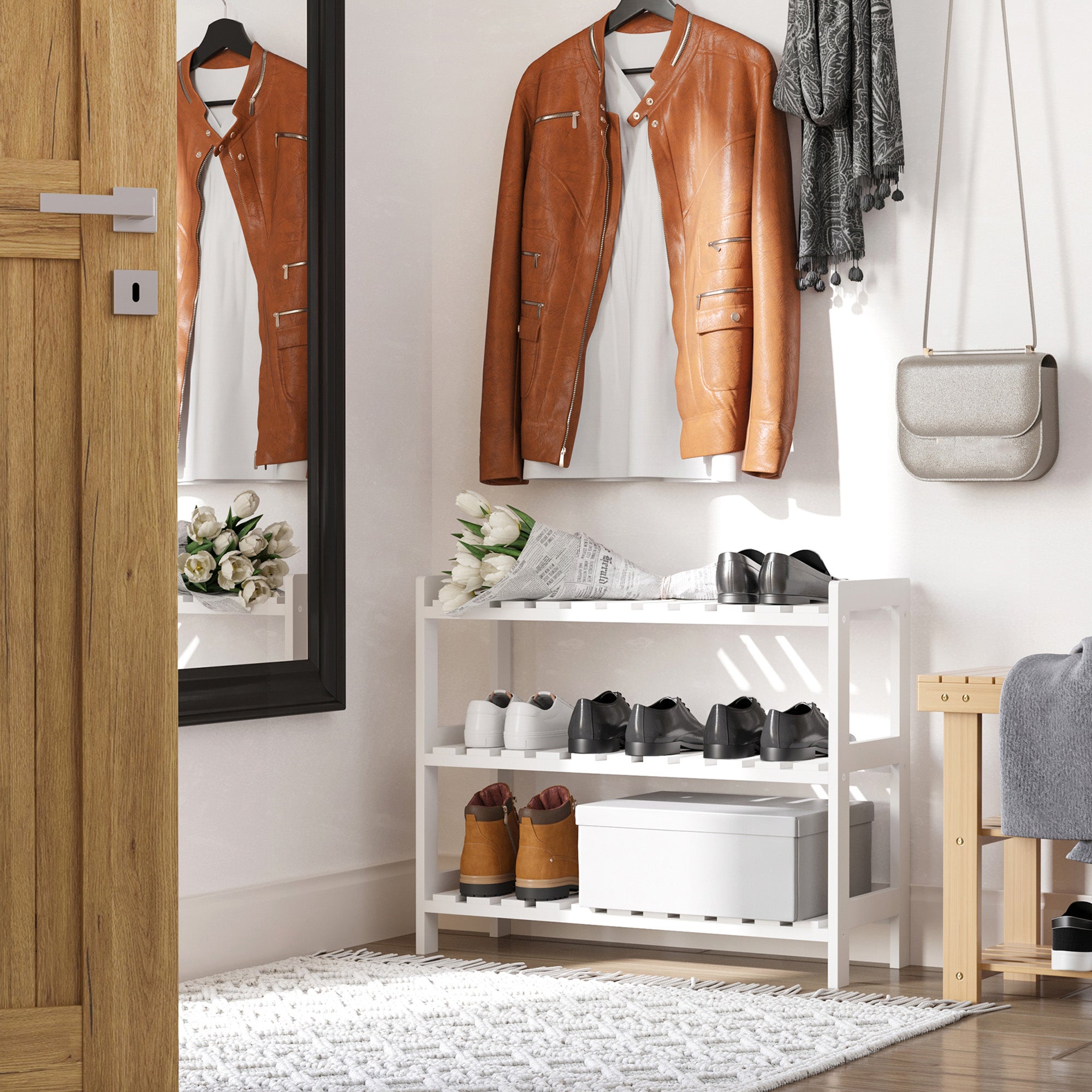 3-Tier Shoe Rack Wood Frame Slatted Shelves White