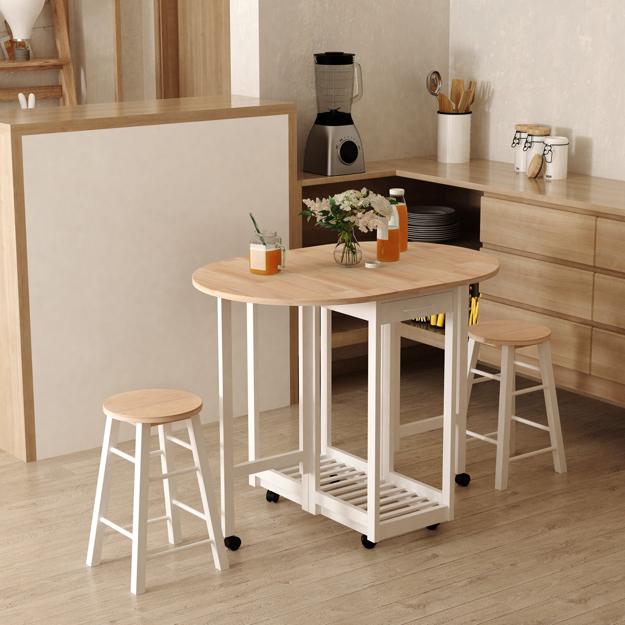 Folding 3 Pieces Bar Table Set, Mobile Drop Leaf with 2 Stools, Storage Shelf, Drawers, and Wheels, White
