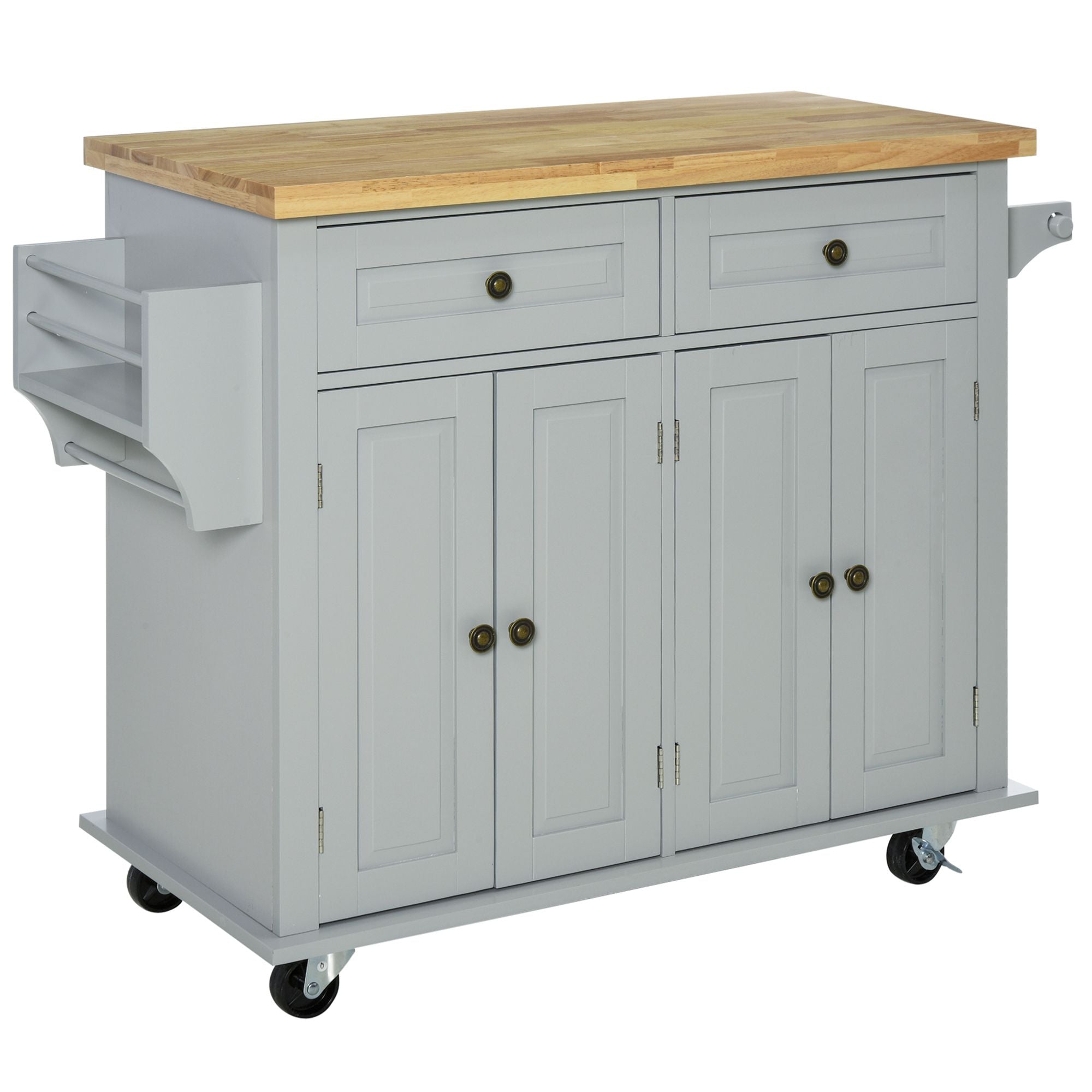 Rolling Kitchen Island Storage Trolley with Drawers, Rubber Wood Top, Grey