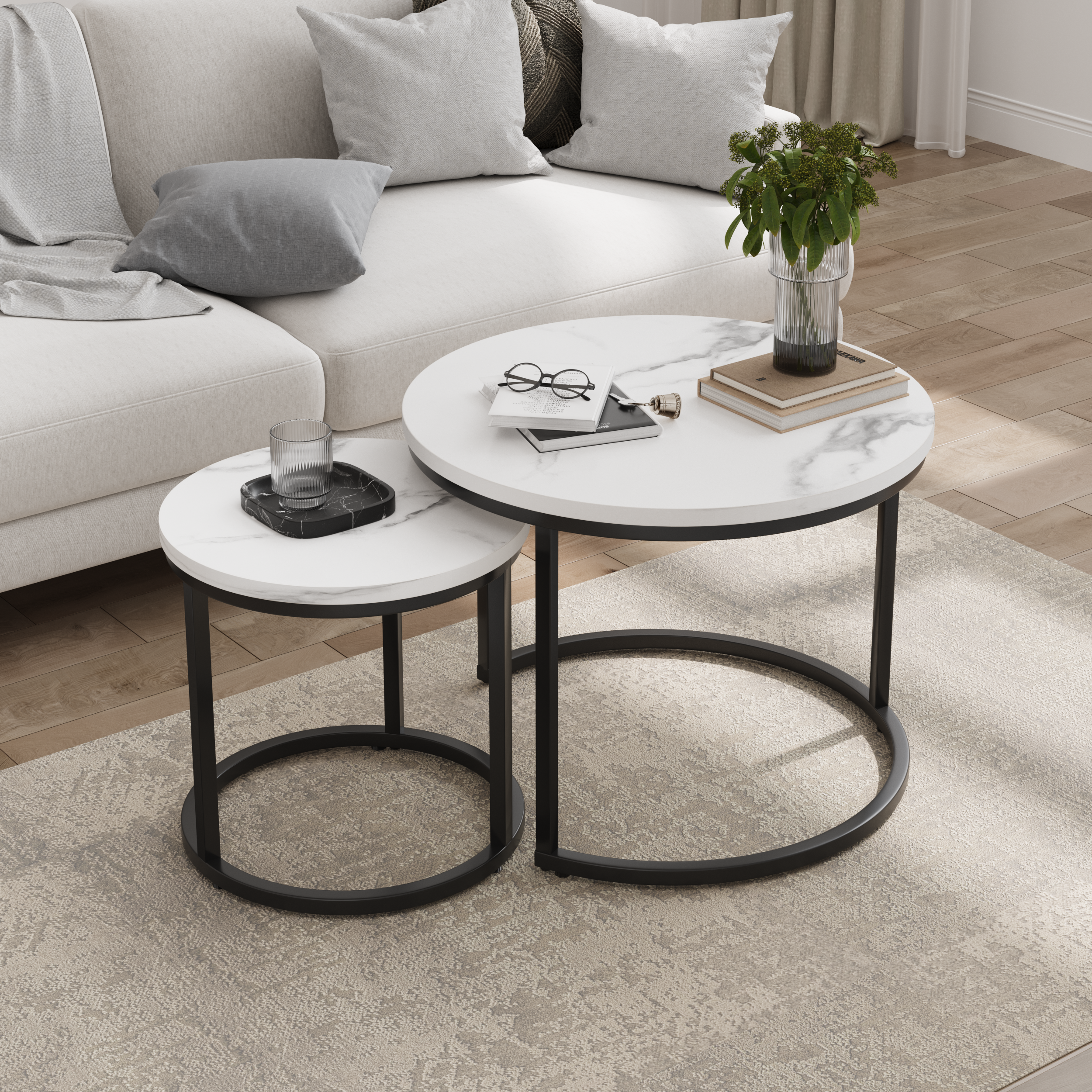 Nested coffee table 2 piece set, 60cm metal frame round modern, white