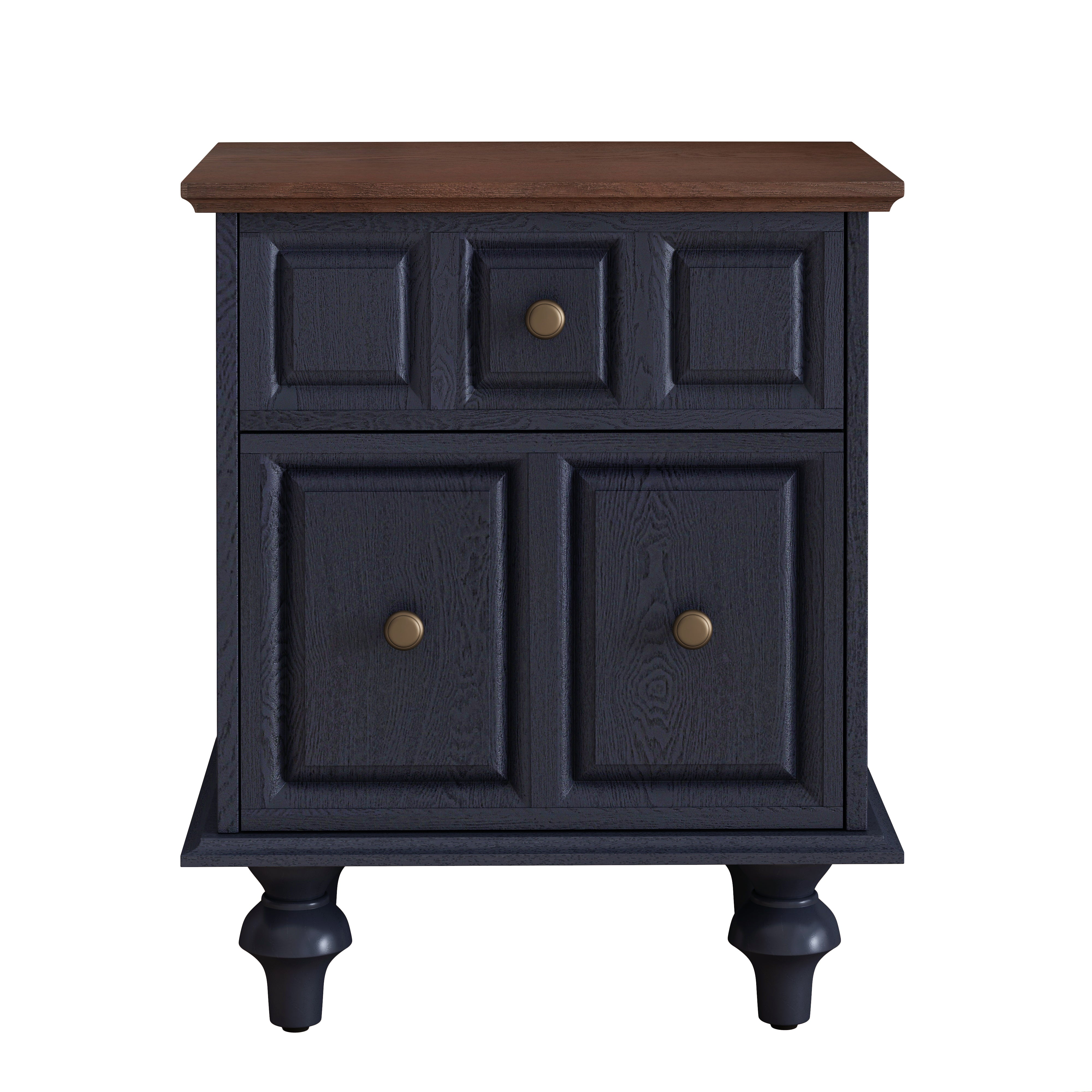 Vintage Bedside Table 52CM with 2 Drawers Roman Column Legs Solid Wood Dark Blue
