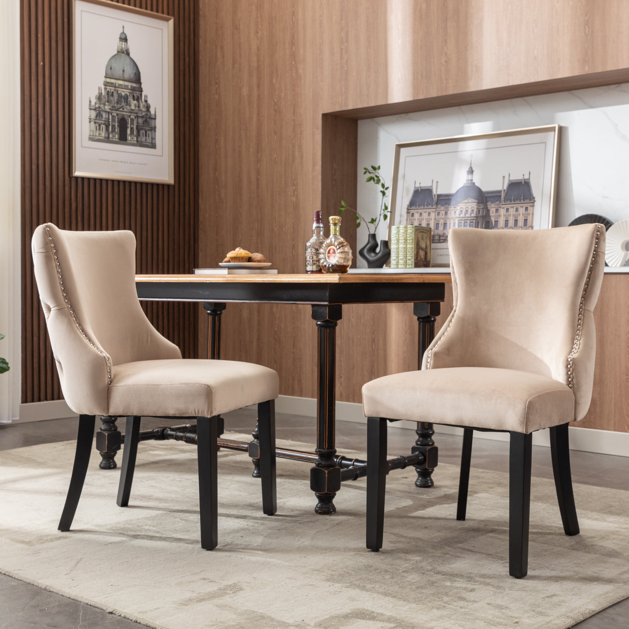 Classic chair (set of 2), dining with button stitching, solid wood frame, beige