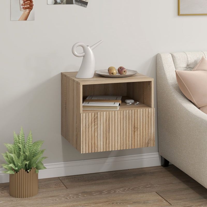 Nightstand Handleless Wall-Mounted Drawer & Open Compartment Light Brown