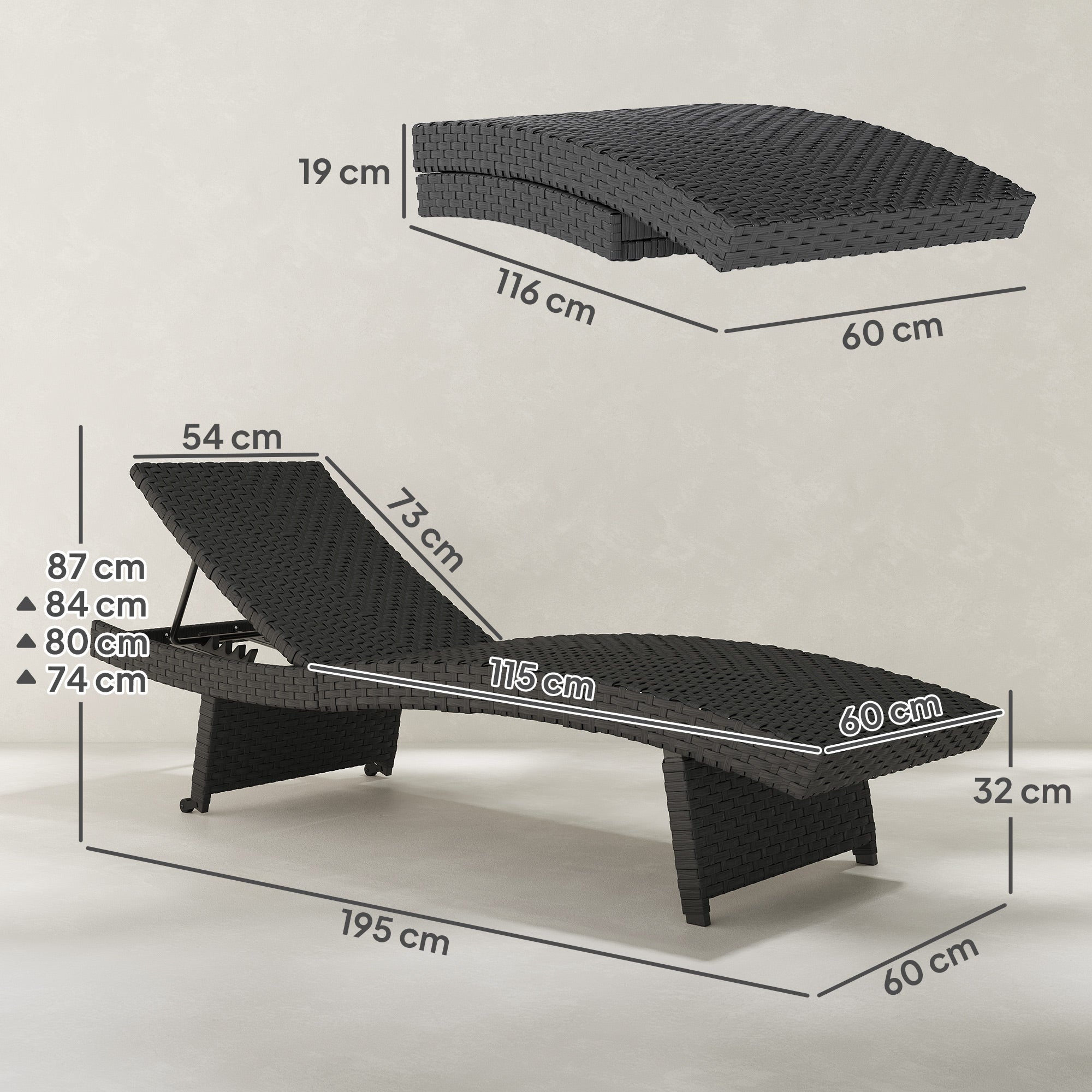 Outdoor PE Rattan Sun Lounger, Folding Recliner with 4-Level Adjustable Backrest & Wheels, Black