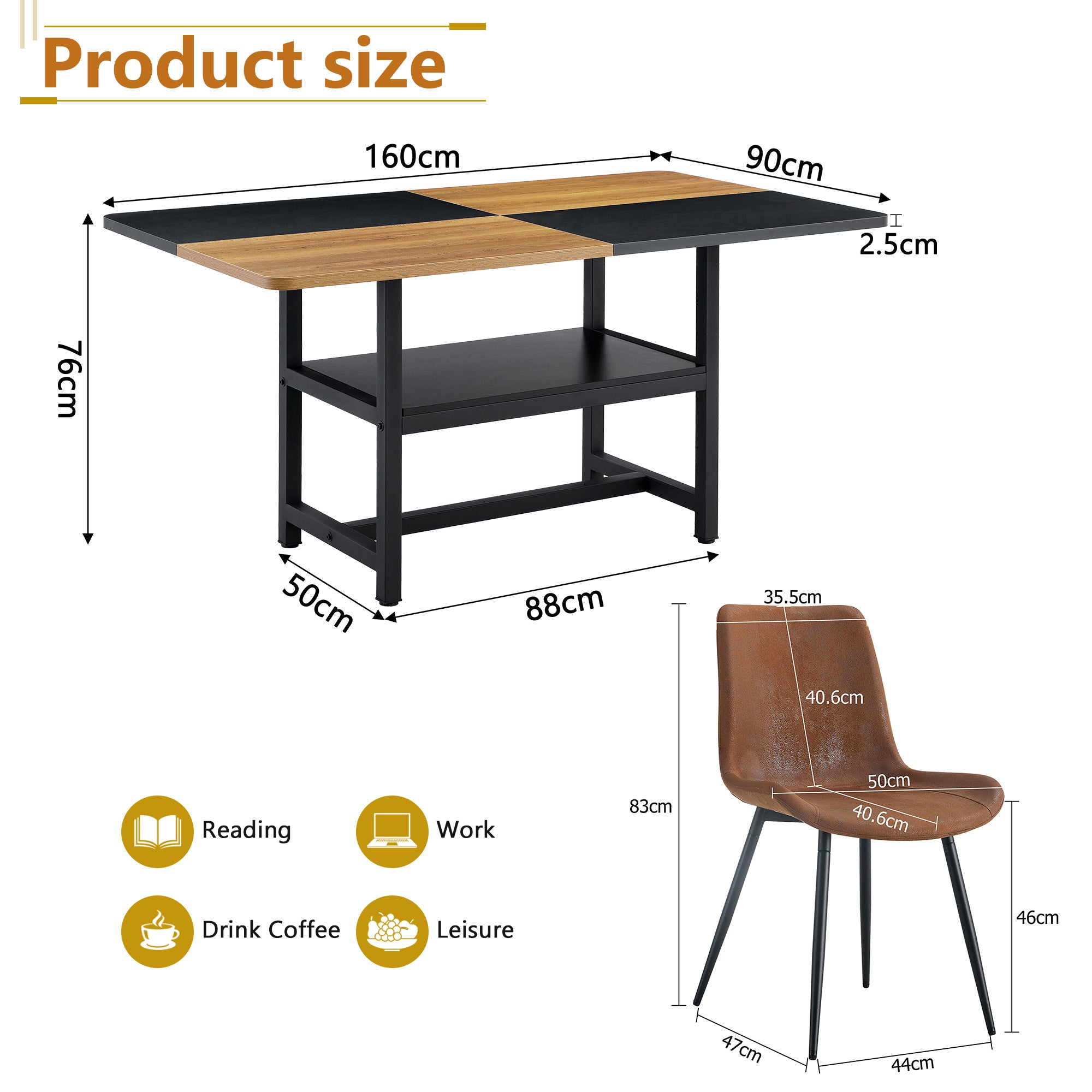 Dining Table Set, 160 cm Rectangular with Storage & 4 Chairs, Brown Tech-Fabric
