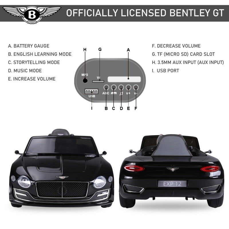 Bentley GT 12V Electric Car with Remote Control, LED Lights, Music, Black