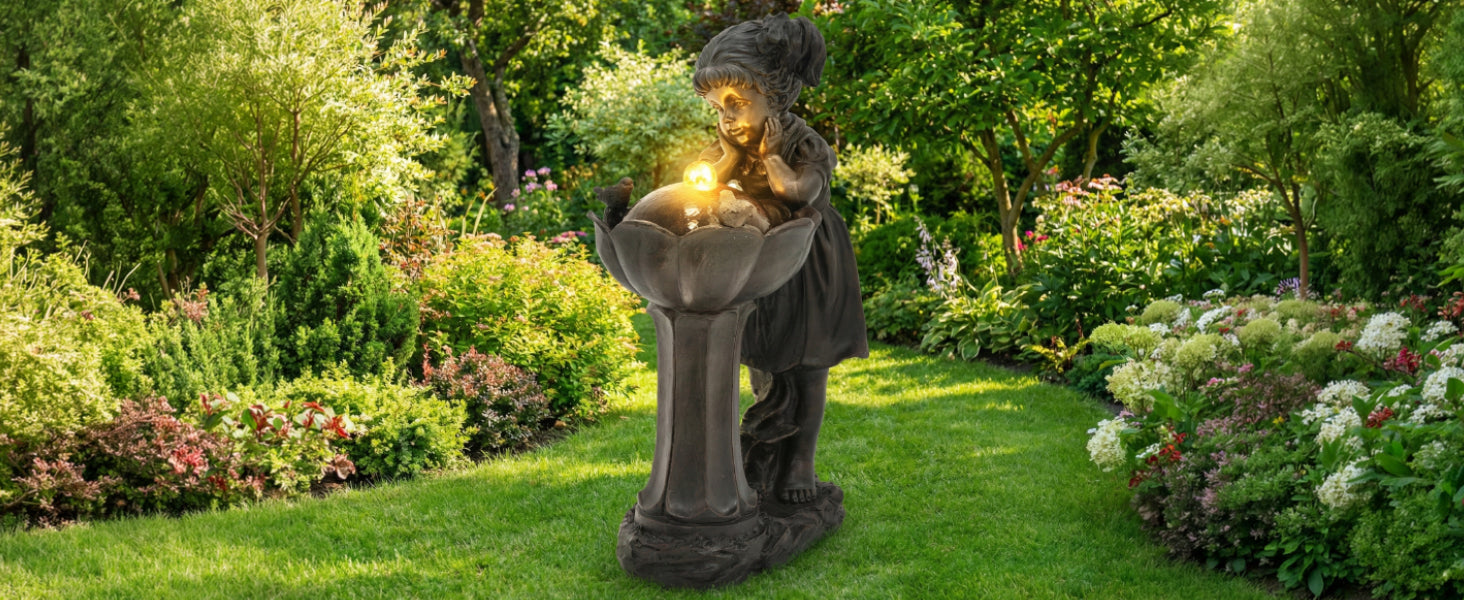 Girl Figurine LED Outdoor Fountain with Tranquil Water Feature, 65.5 cm, Copper Color