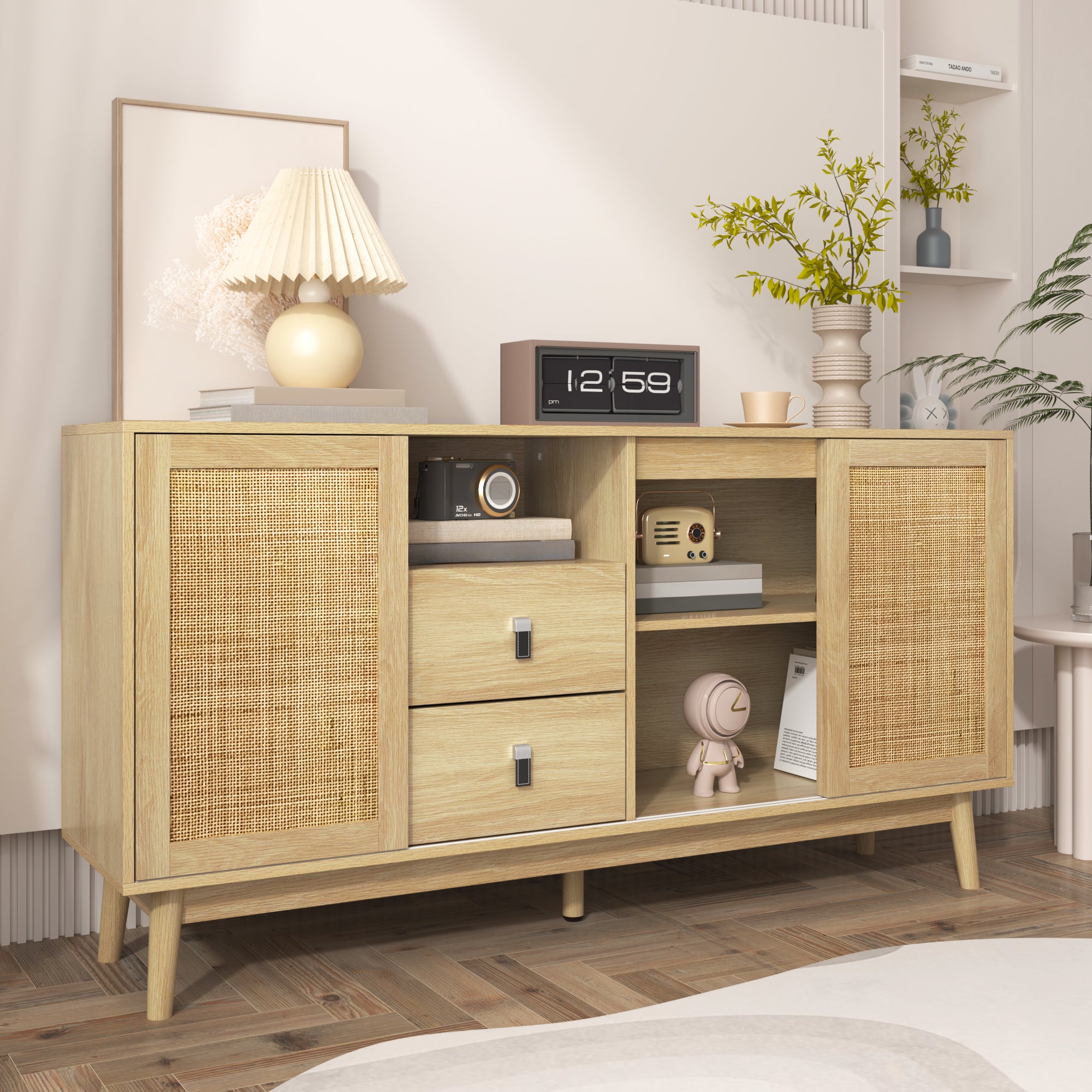 Sideboard, 3 Sliding Real Rattan Doors & 2 Drawers, Wood Color