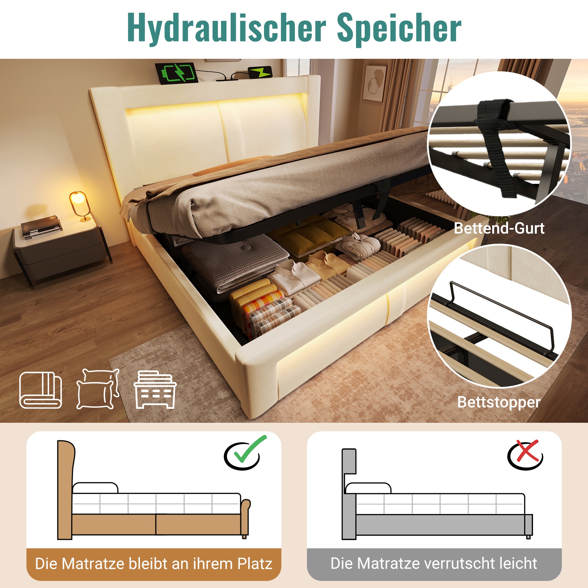 Single Bed with Hydraulic Storage, LED Lighting and Charging Ports, Beige Velvet