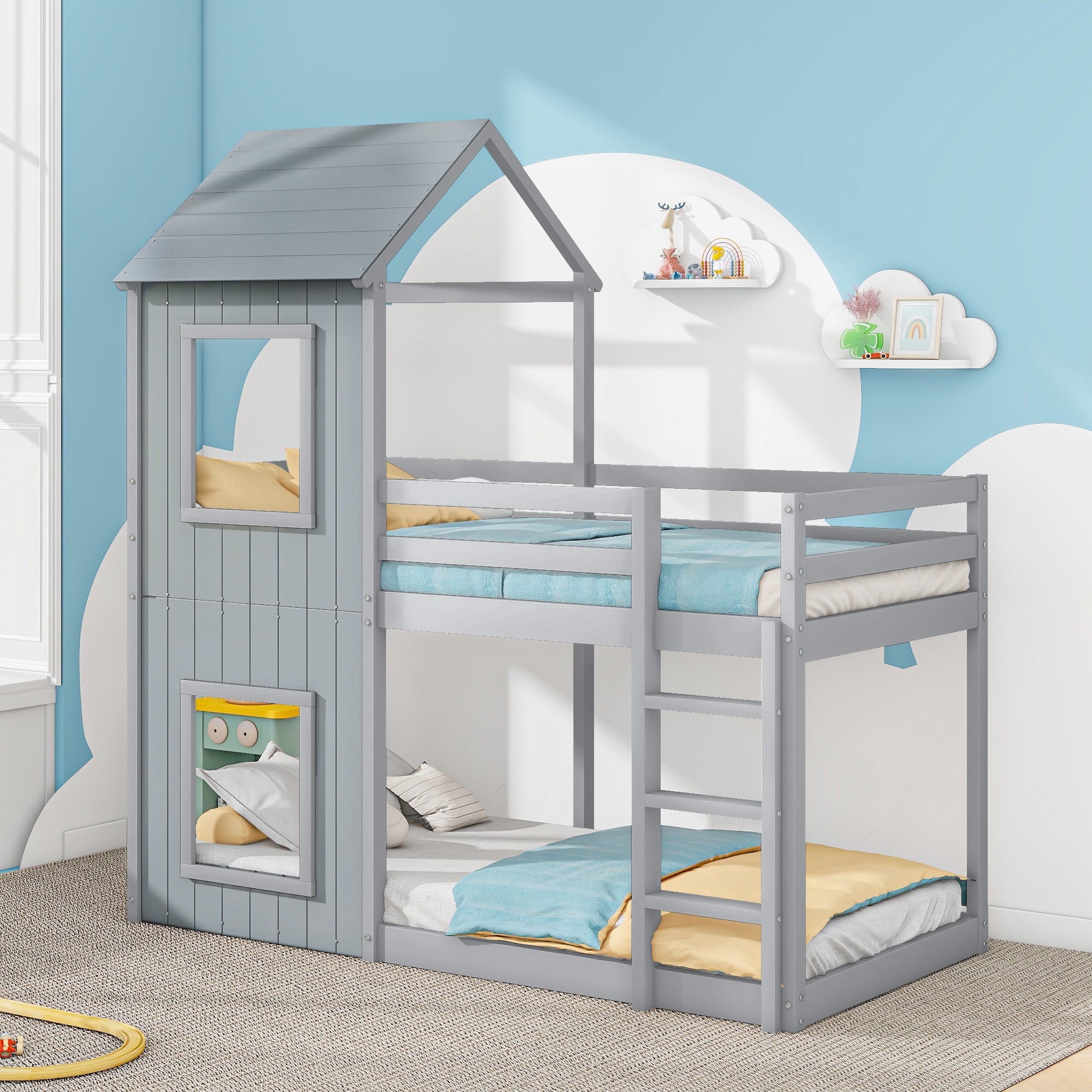 Bunk Bed, House Bed with Ladder & Canopy, Solid Wood, Grey