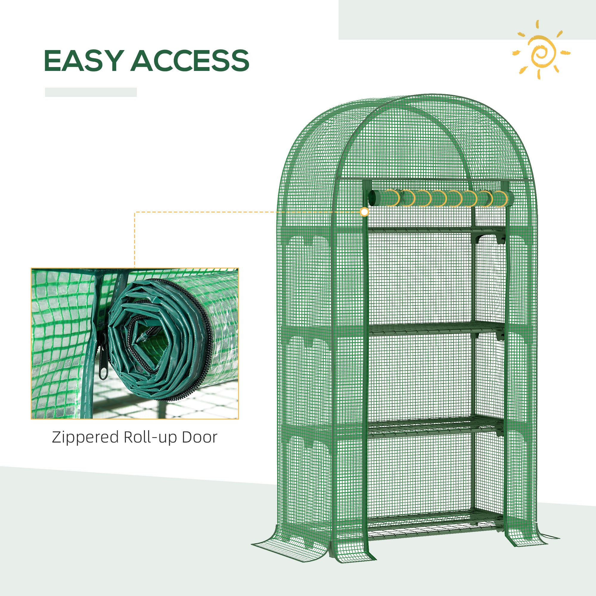 4 Tier Mini Greenhouse, Portable with Storage Shelf and Roll-Up Zipped Door, Green PE Cover