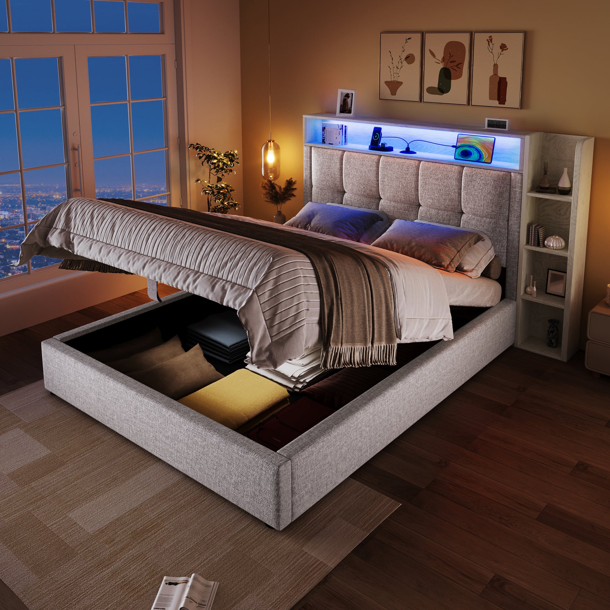 Upholstered Bed 90x200cm Multifunctional Storage LED USB/Type-C App Control - Linen Beige