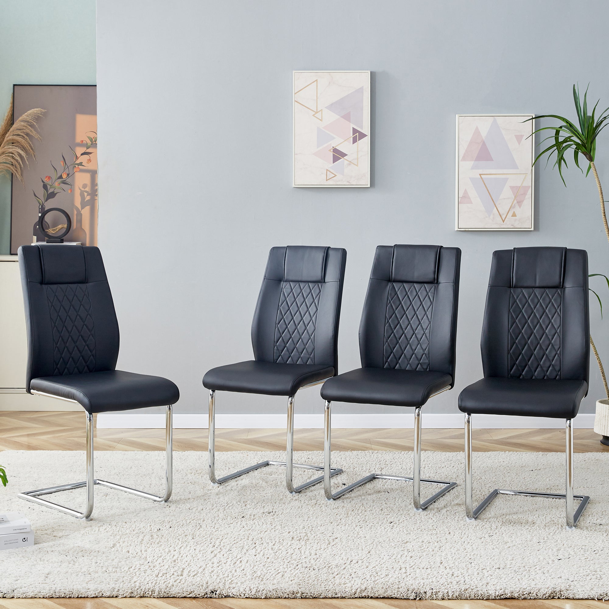 Dining Chair, Nordic Style Mesh Stitching with Silver Metal Legs, Black PU