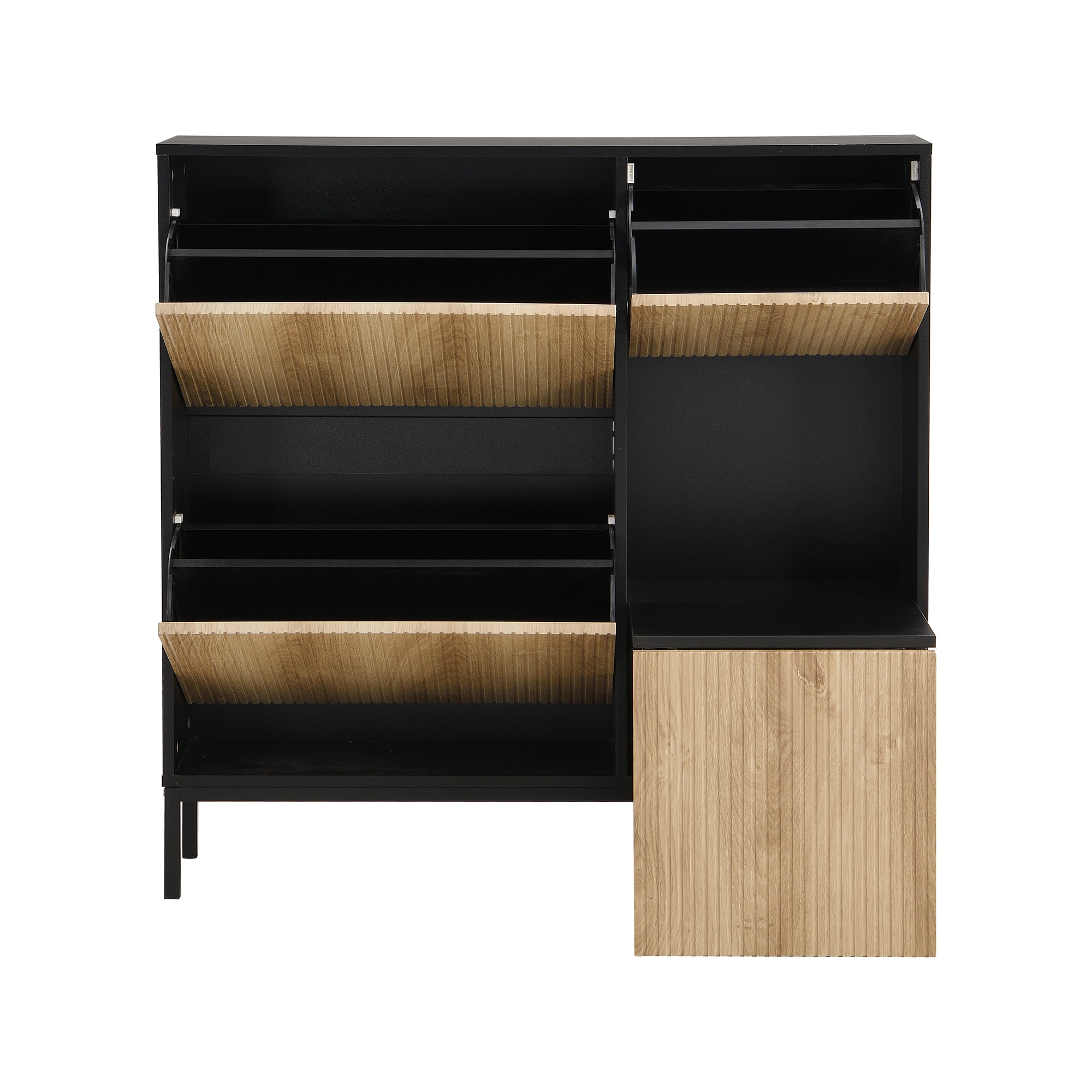 Shoe Cabinet with Changing Stool, 3 Flaps & Open Storage, Black + Wood Color