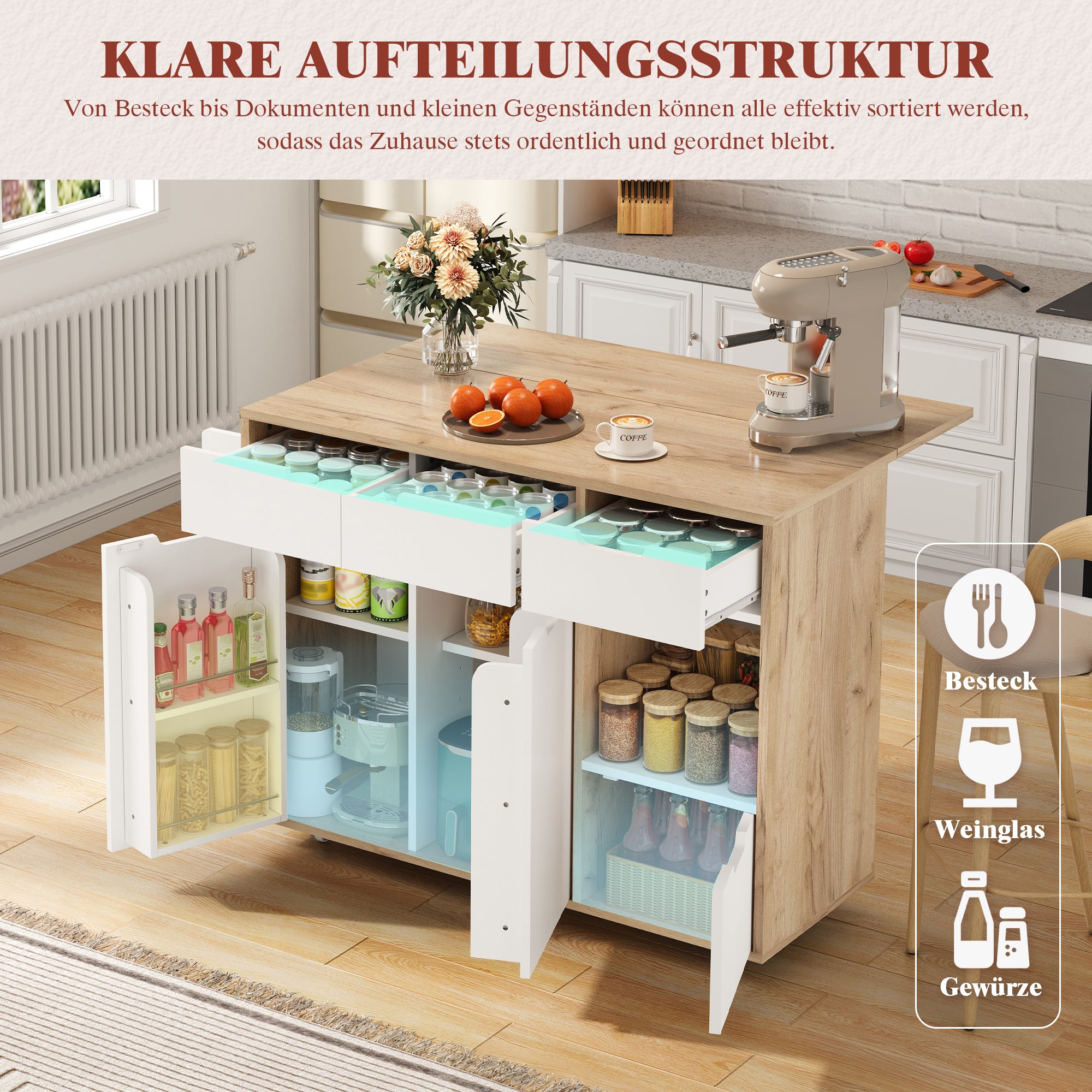 Modern Serving Trolley with 360° Swivel Casters and Storage, White and Wood