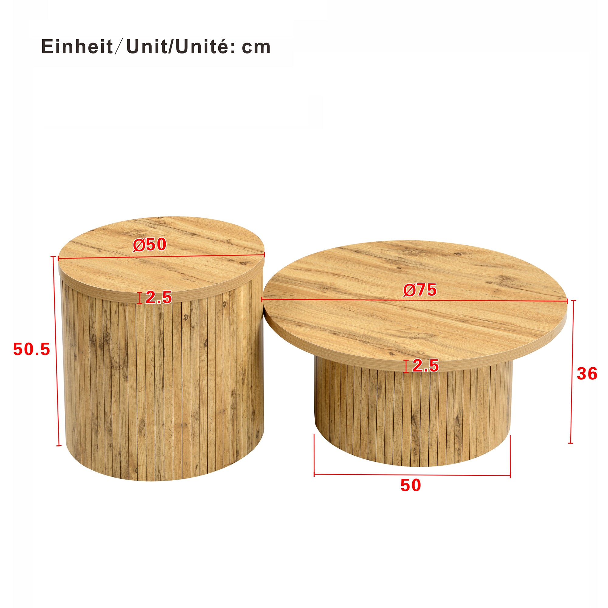 Coffee Table Double Round Slats Multifunctional - Natural Wood
