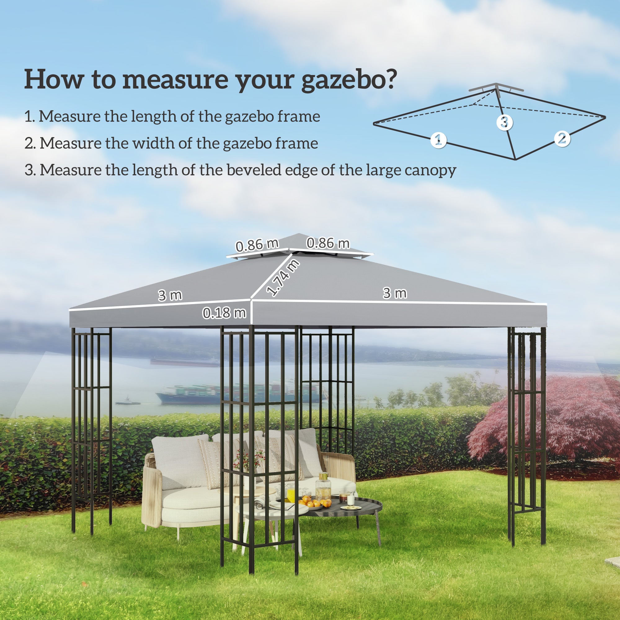 Gazebo Top Cover Replacement, 3m Double Tier Canopy Pavilion Roof, Light Grey