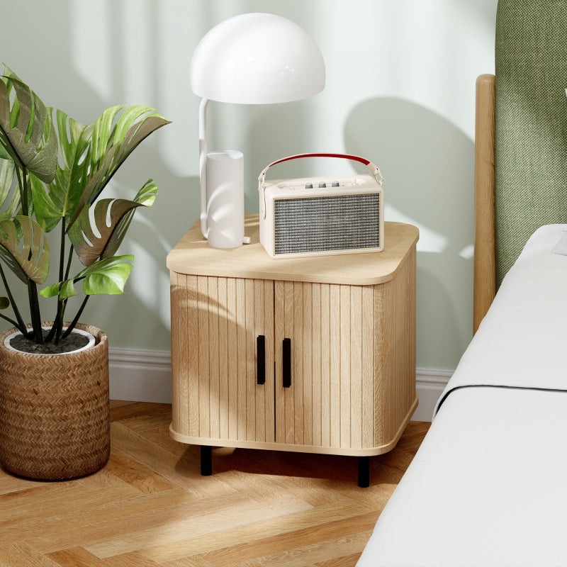 Bedside Table with Roller Shutter Doors and Metal Legs, Oak Tone