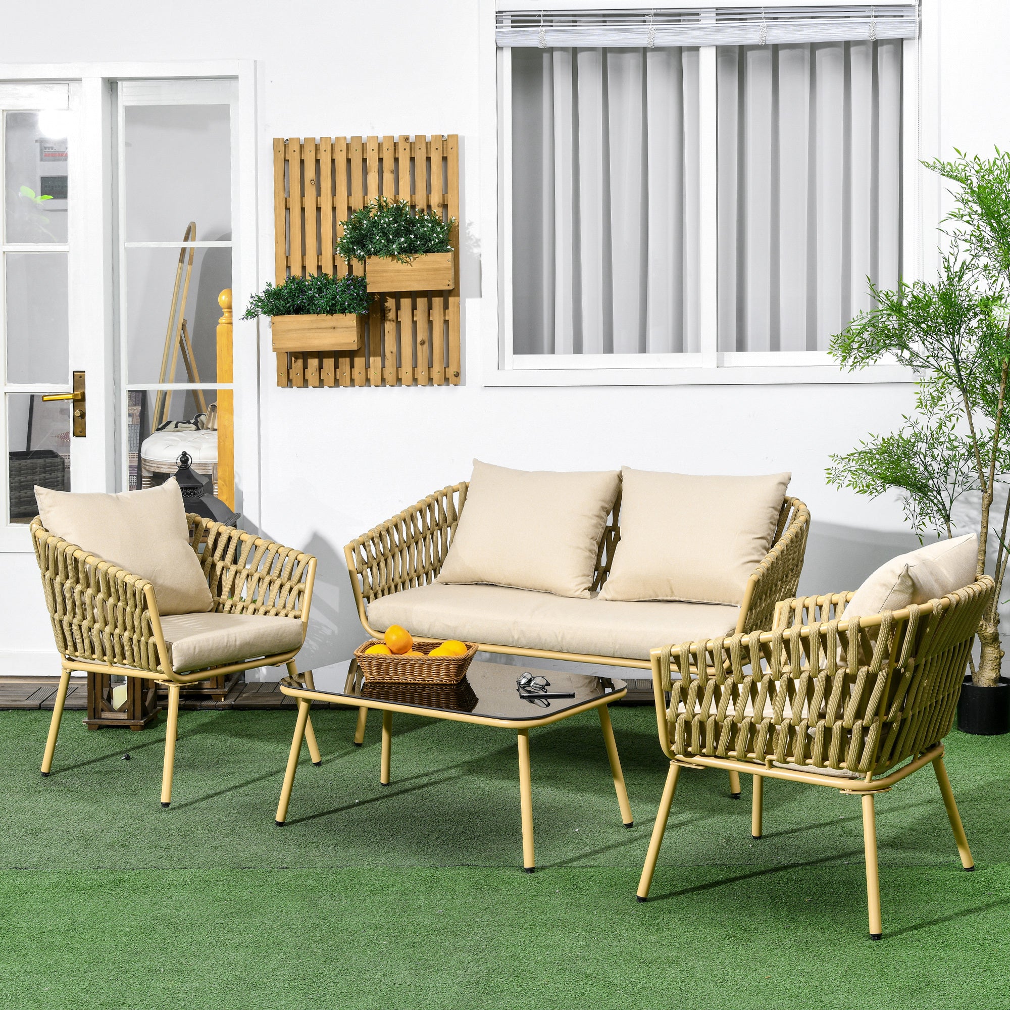 Rattan Garden Set 4-Piece with Coffee Table, 2 Armchairs, Double Sofa, Cushions - Khaki