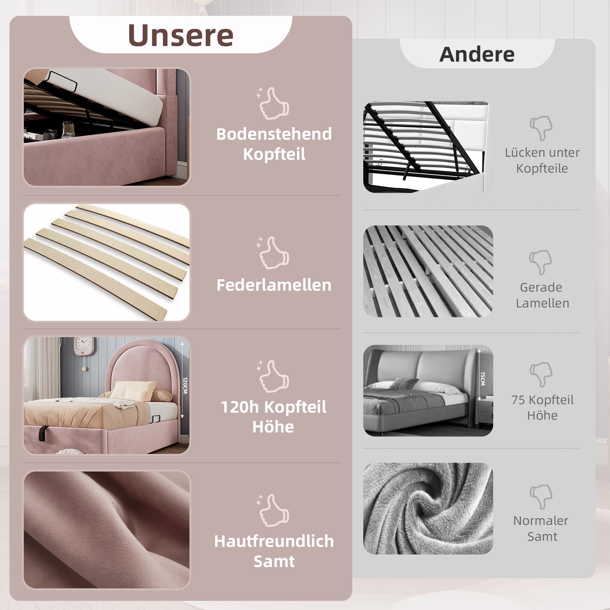 Children's Bed, Single 90 x 190 cm, Pink Velvet