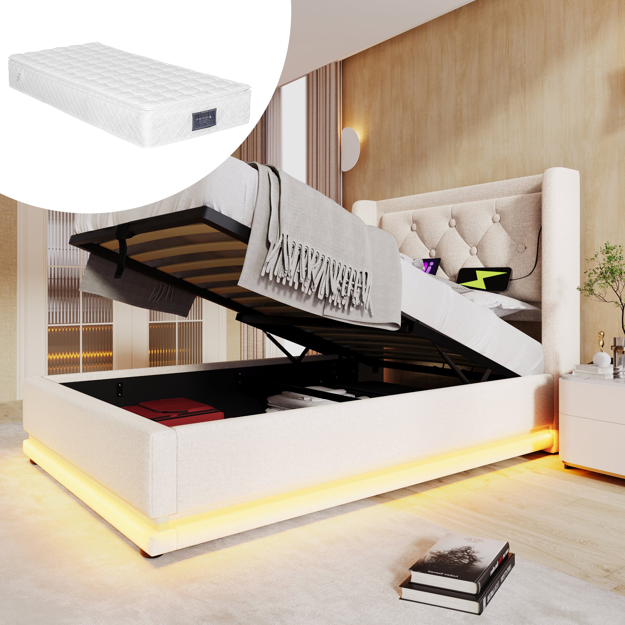 Upholstered Single Bed, 90x200cm Hydraulic Storage with USB & LED, Beige Cotton