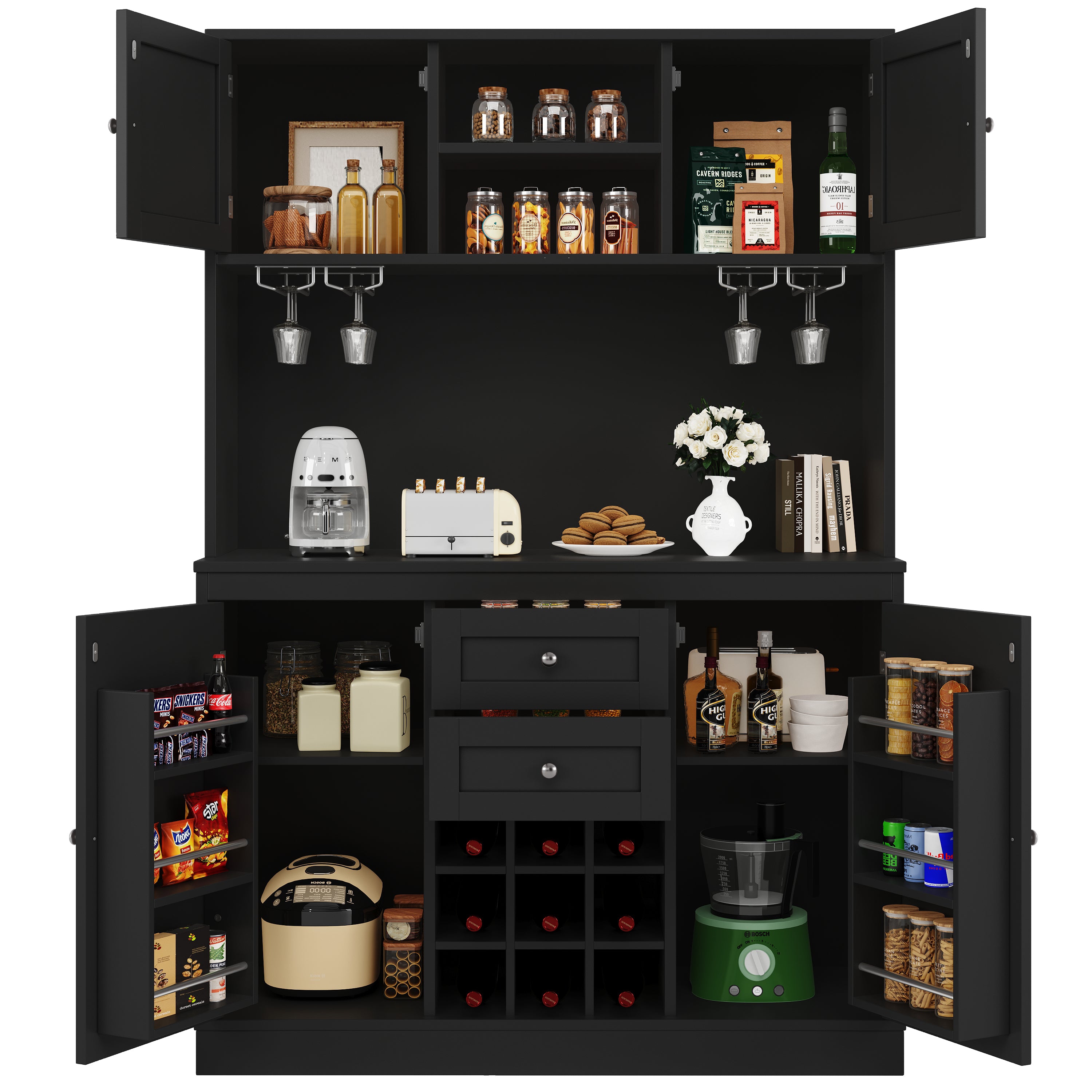 Tall Kitchen Buffet Cabinet with Adjustable Shelves, Wine Rack, 4 Doors & 2 Drawers - Black