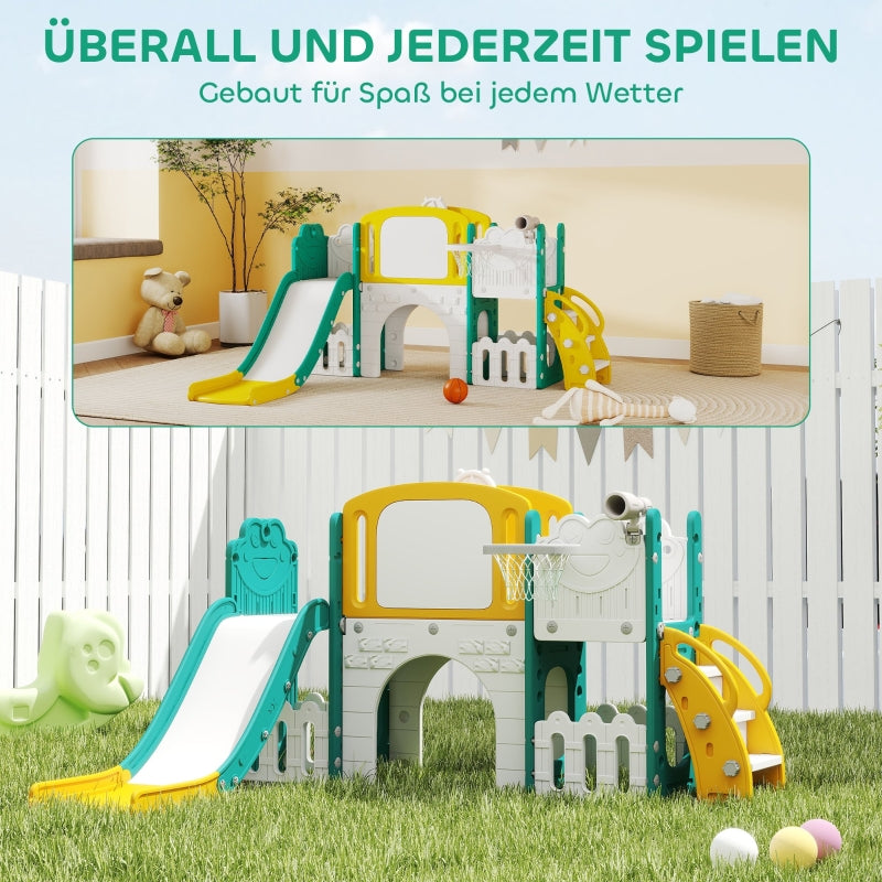 7-in-1 Toddler Slide Set with Basketball Hoop, Climbing Frame and Swing, Yellow and Green