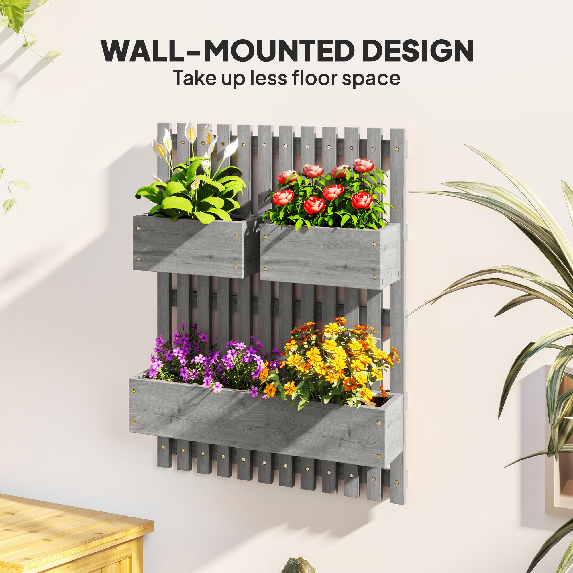 Garden Planters Wall-mounted Trellis 3 Boxes Wooden Grey