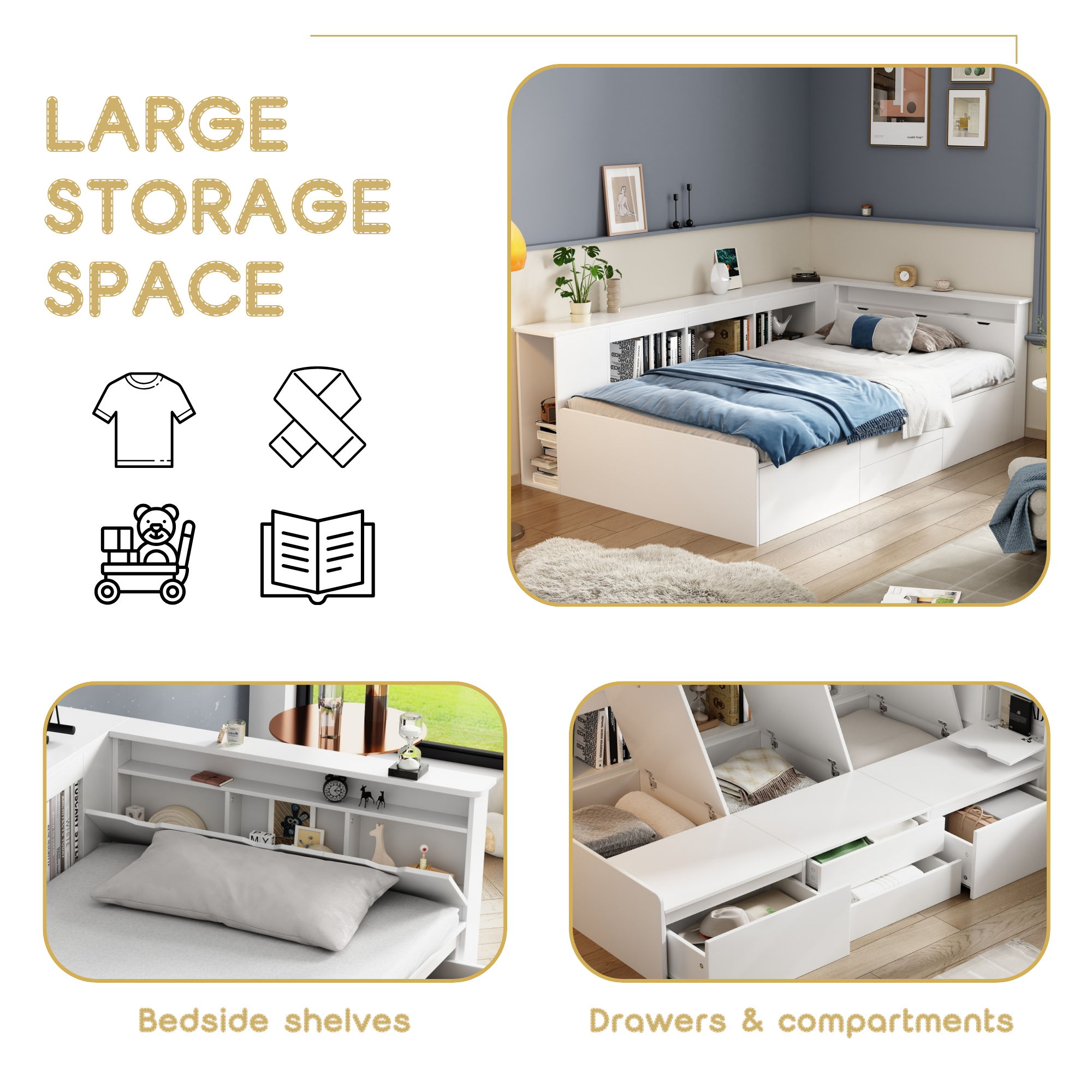 Children's Bed, Single 3ft Multifunctional with Drawers, Bookcase, and Storage - White