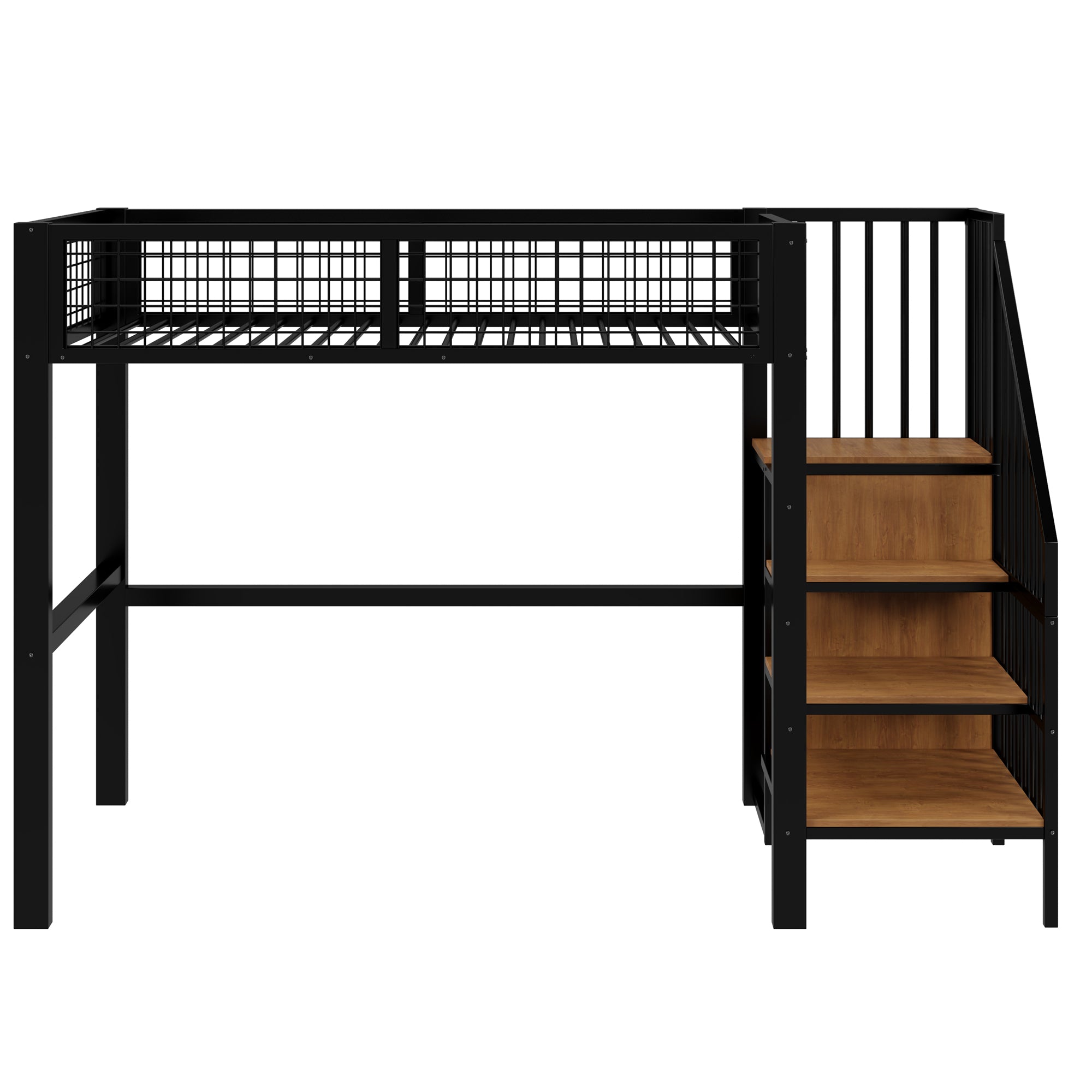 Loft Bed, 90x200 with Ladder & Storage, Iron Frame, Black