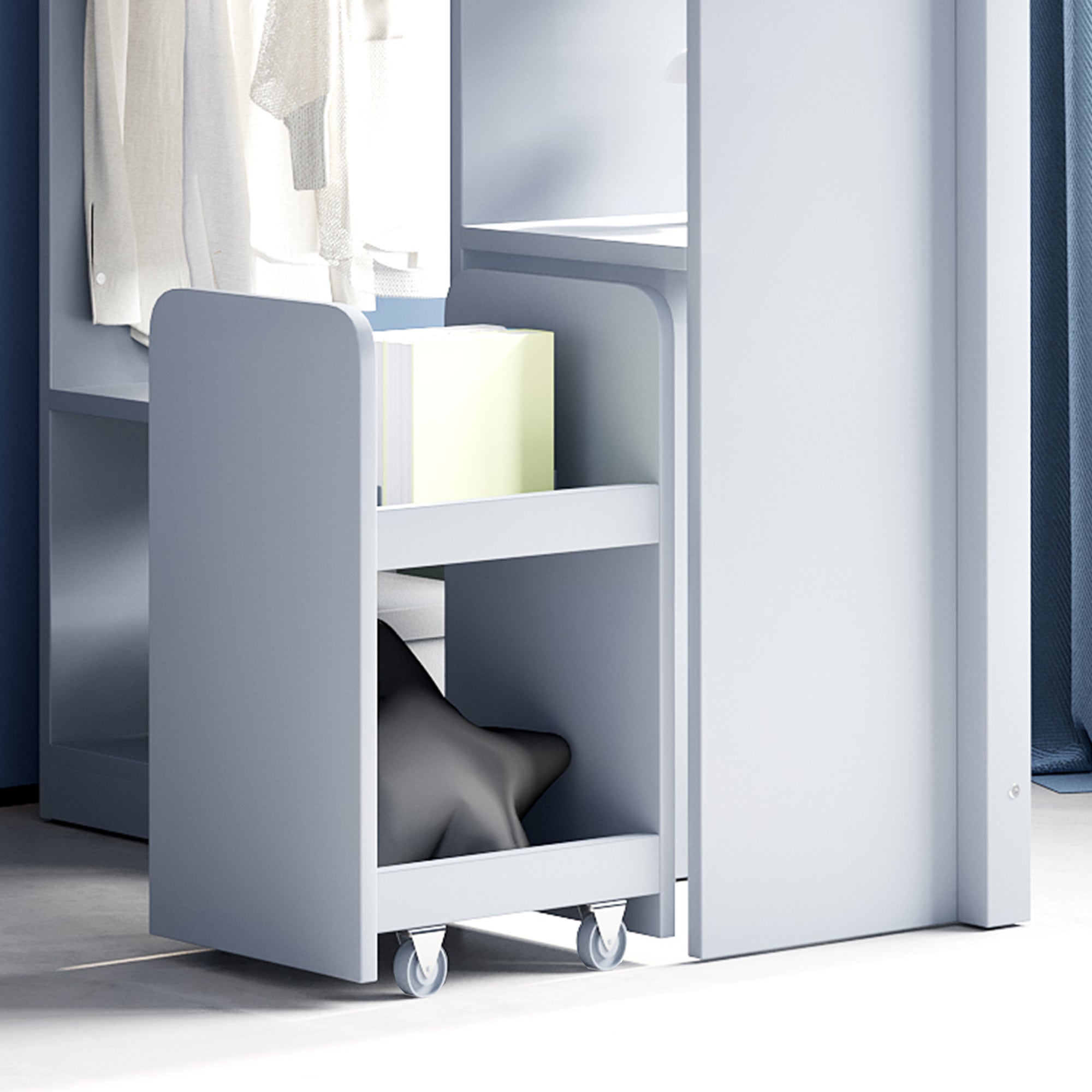 Children's Loft Bed with Shelves, Organizer, Storage, Grey