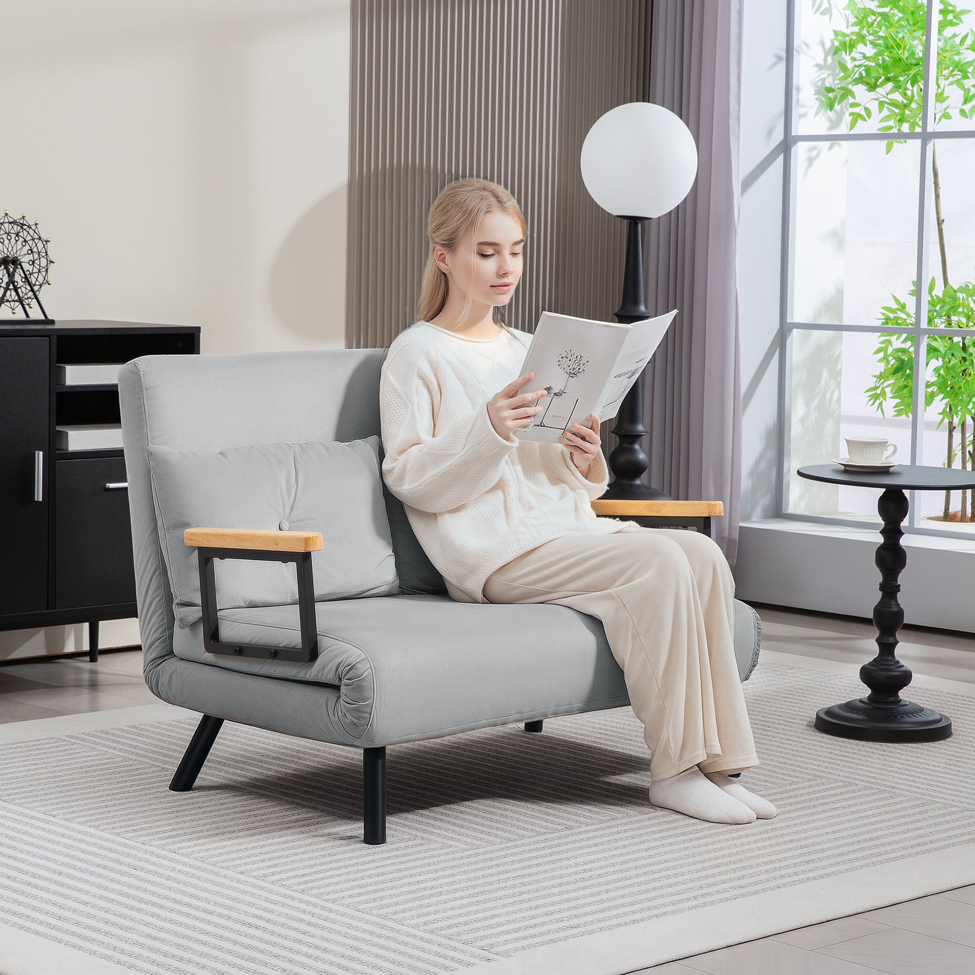 Double Sofa Bed, 4-in-1 Velvet-Feel with Pillows - Light Grey