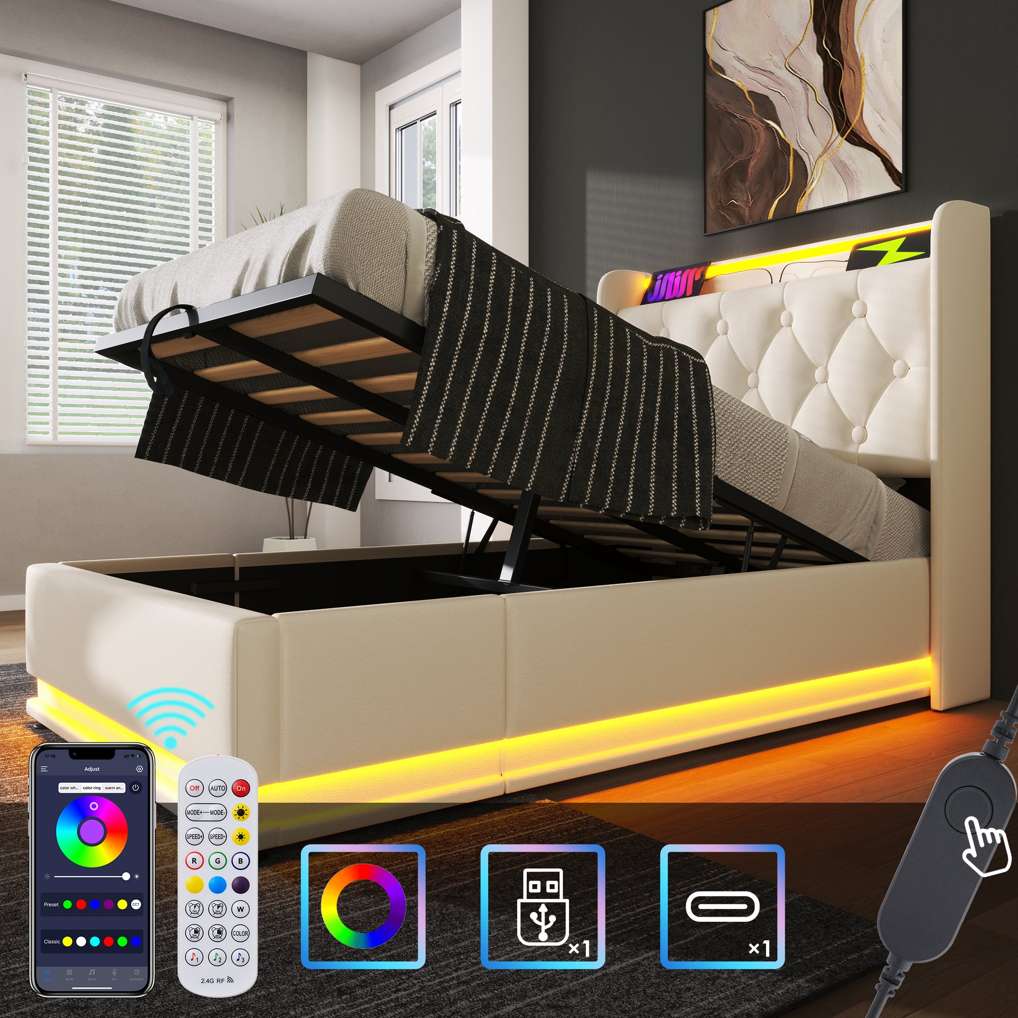 Upholstered Single Bed, 360° LED Hydraulic Storage, USB Type-C, White PU Leather