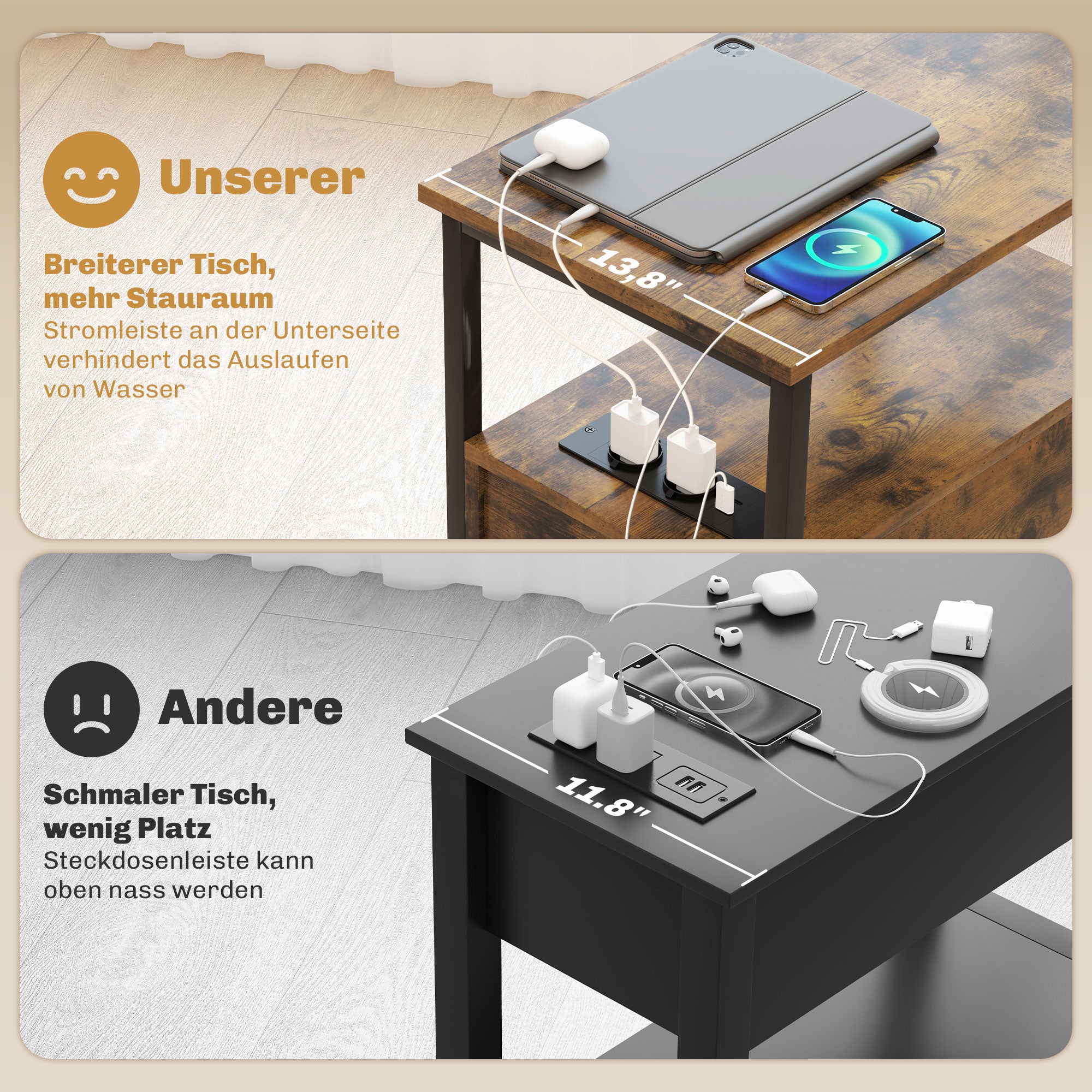 Side Table Coffee Table with Charging Station, 2 Drawers, Rustic Brown