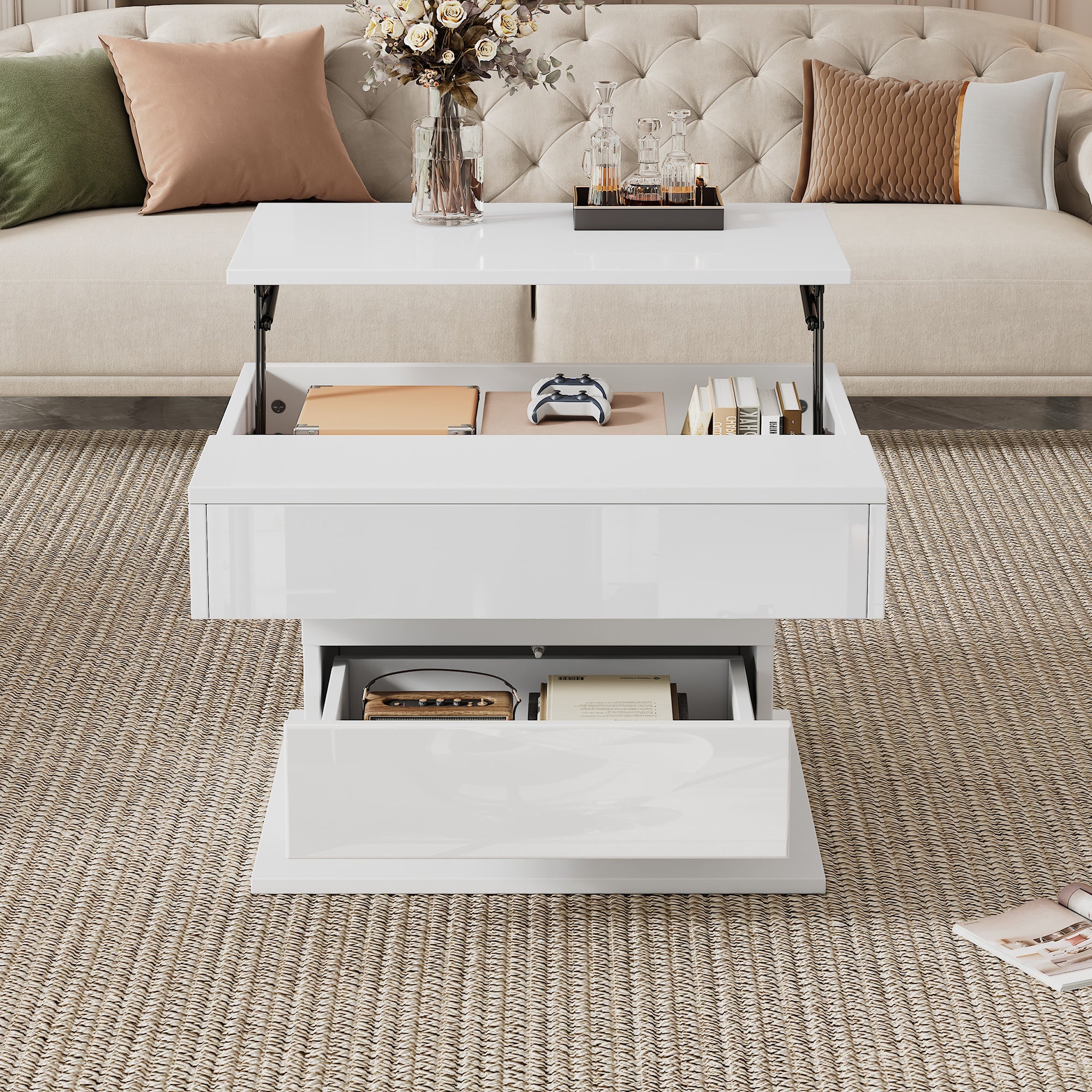 Coffee Table Geometric Lift-Up 360° Swivel Top 1 Drawer Hidden Storage - High-Gloss White