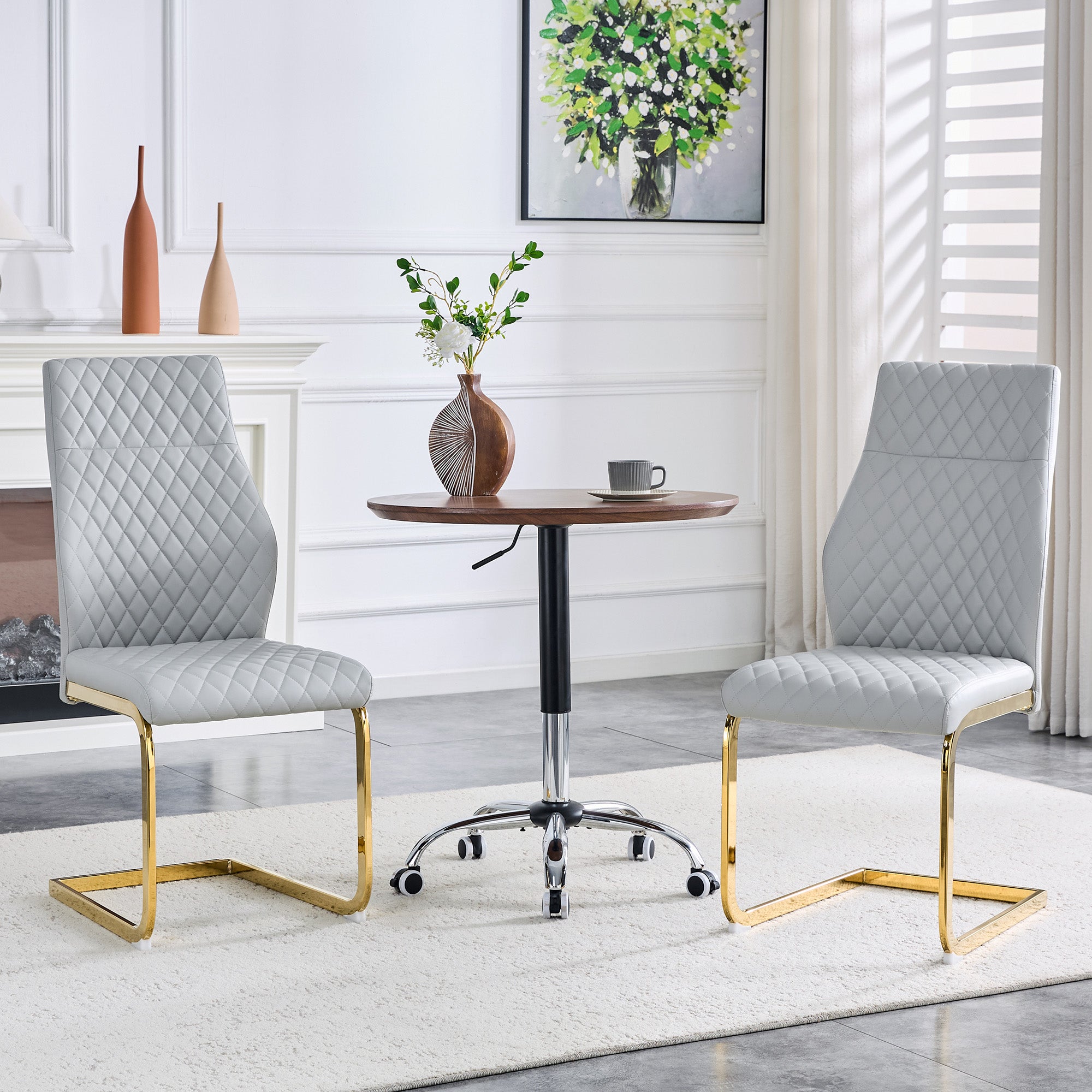 Dining Chair Set of 2, High Backrest and Gold Metal Frame, Light Grey PU Leather