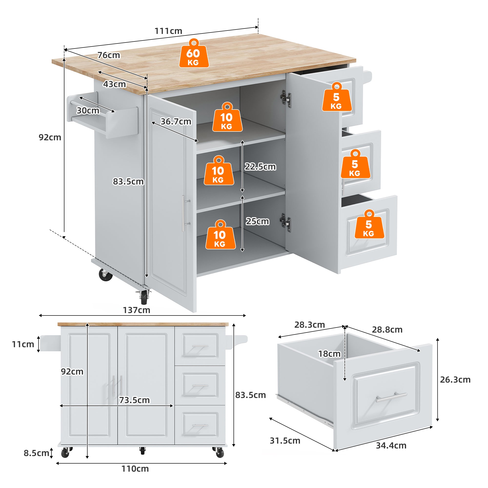 Mobile Kitchen Table with Foldable Design and 3 Drawers, Oak Worktop
