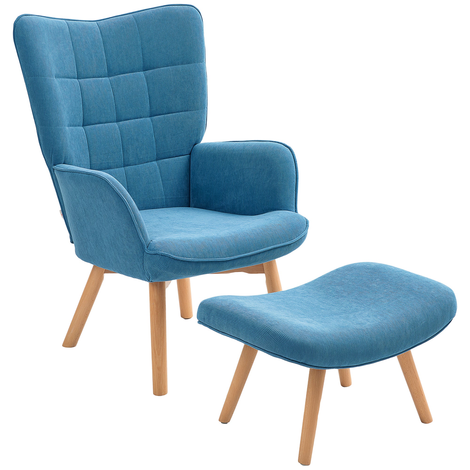 Armchair with Stool, Wingback High Back Tufted Lounge, Blue Corduroy