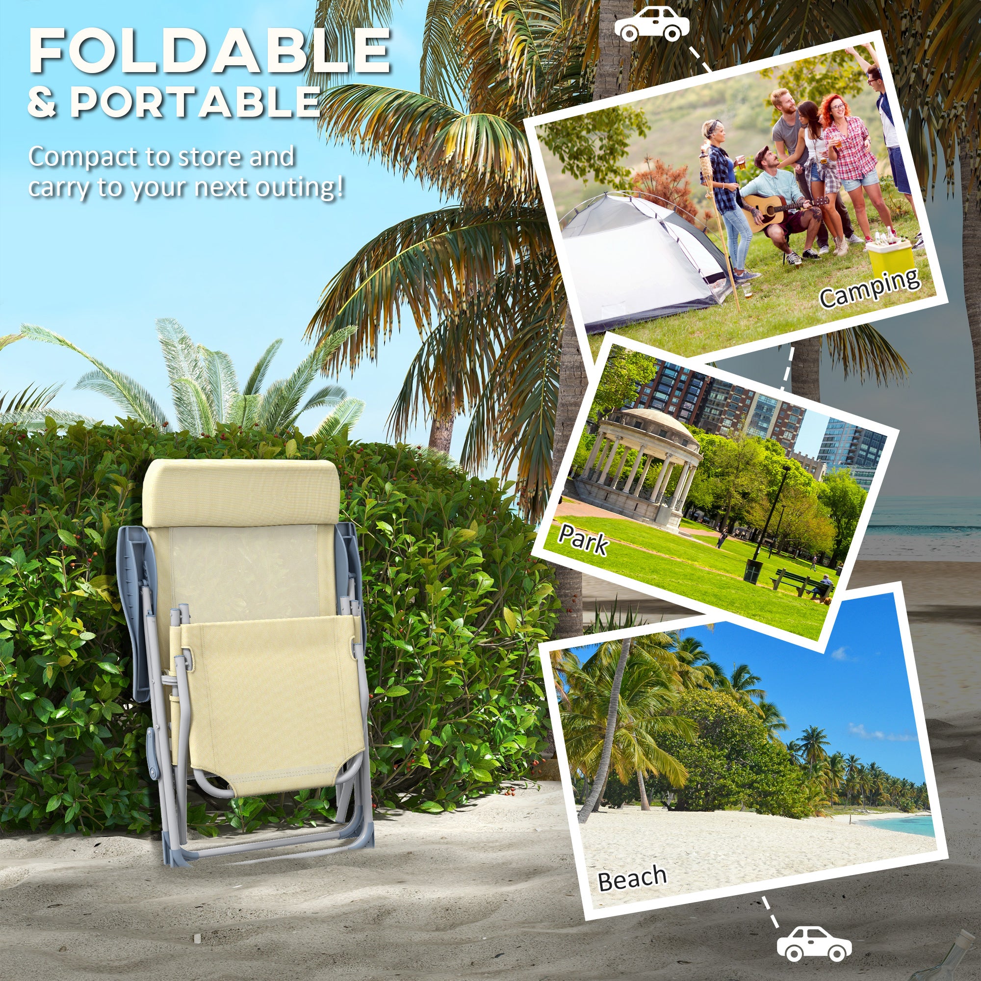 Sun Loungers, Set of Two, Five-Position Adjustable Backs - Beige