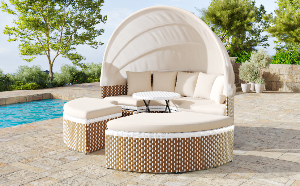 Sun Island Garden Lounge Set Rattan Extendable Canopy Liftable Table Beige