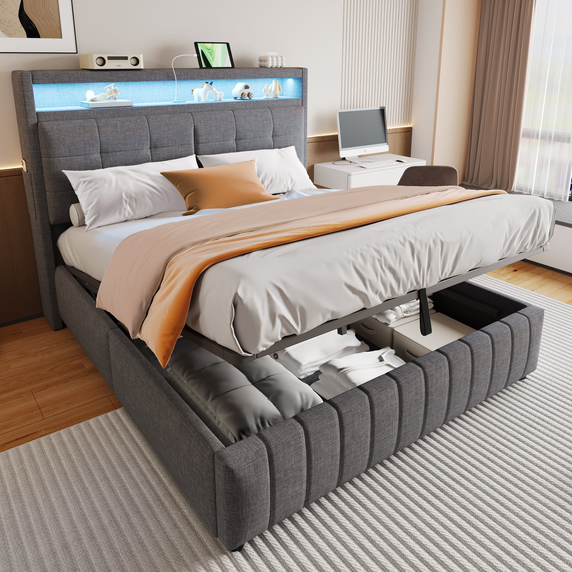Upholstered Bed 160x200 cm, LED Lighting, USB Socket, Hydraulic Storage, Gray Linen