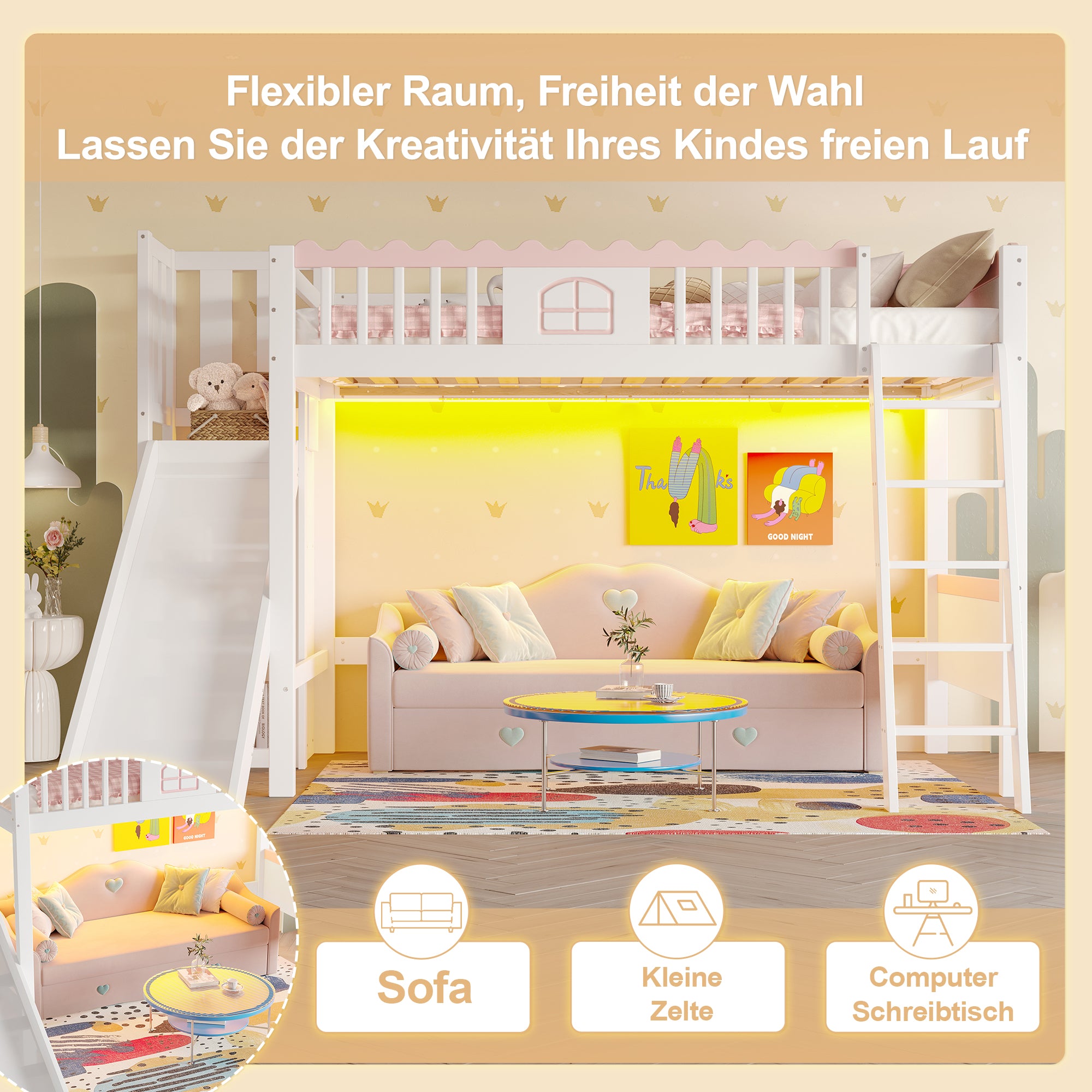 Bunk Bed 90x200cm with Slide, LED Lights, Shelves, EN747 Certified White Pine Wood