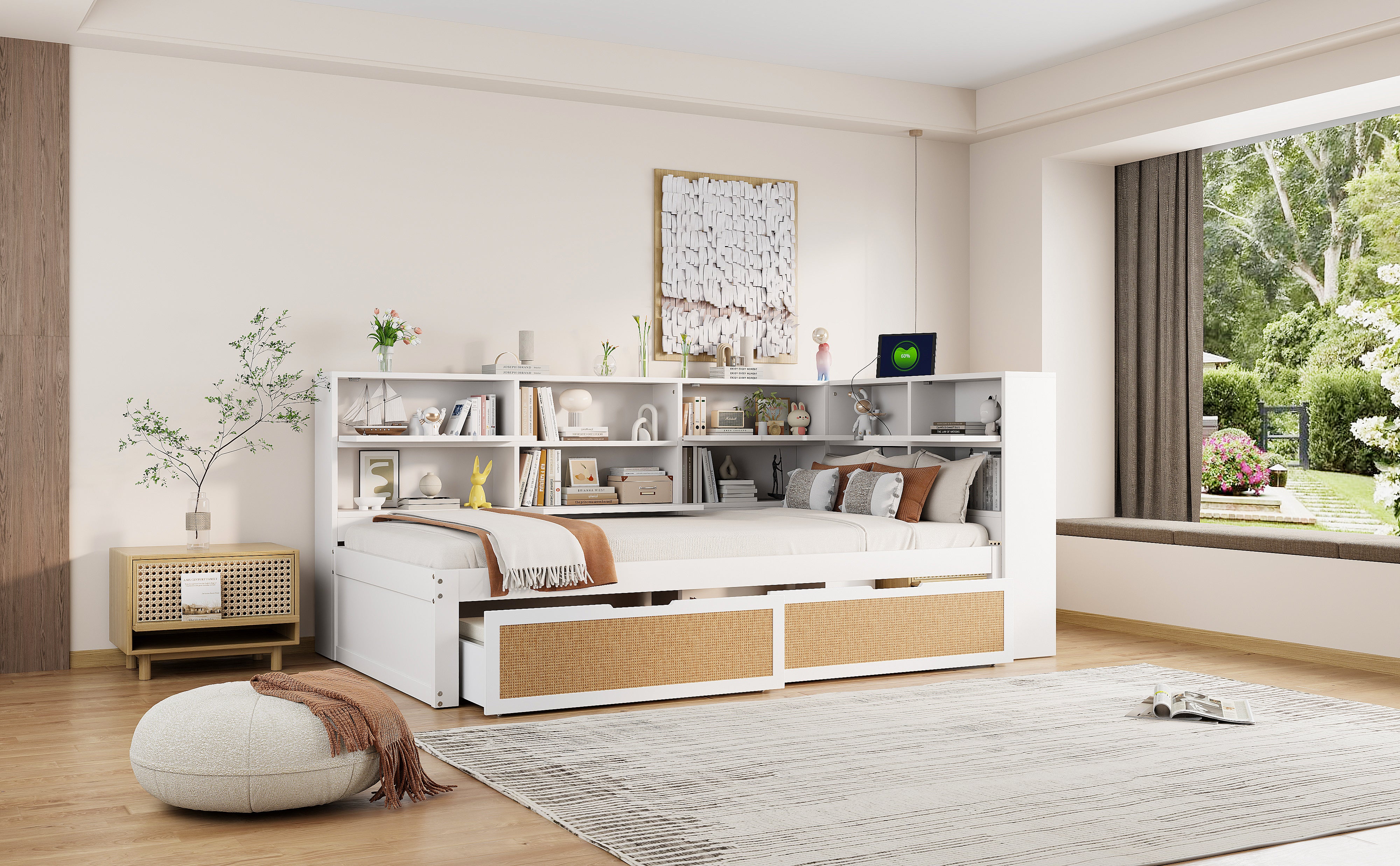 Sofa Bed, 90x200cm Multifunctional Single Bed with Drawer & Charging Port, White Solid Wood