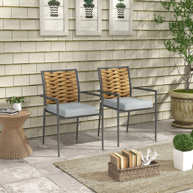 Rattan Garden Chairs, Set of 2, Stackable with Cushions, Grey Steel