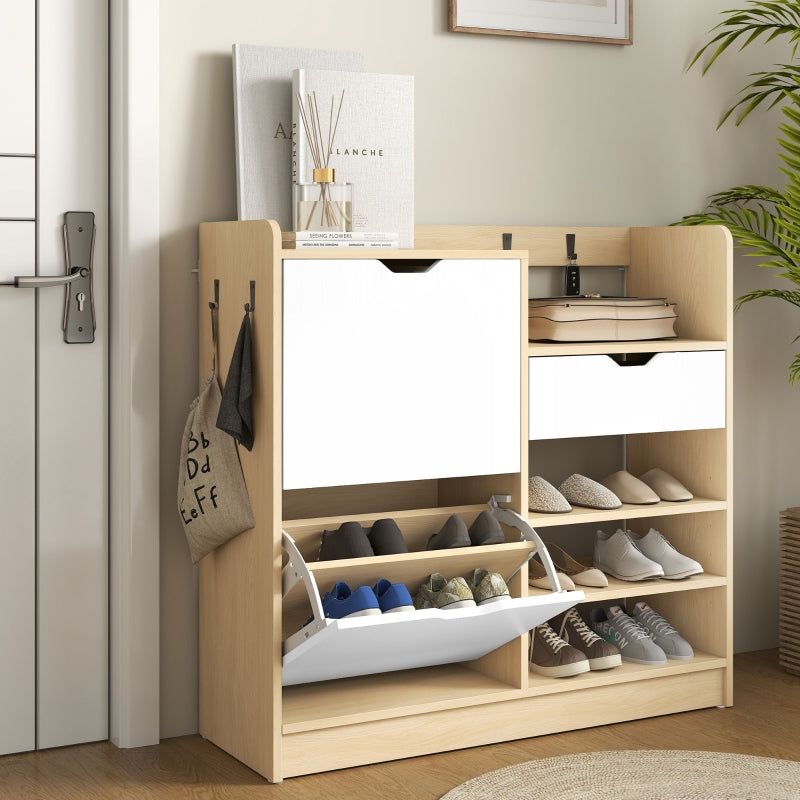 Shoe Rack with Tilting Drawers, Open Shelves, 4 Hooks, 14 Pairs, Natural