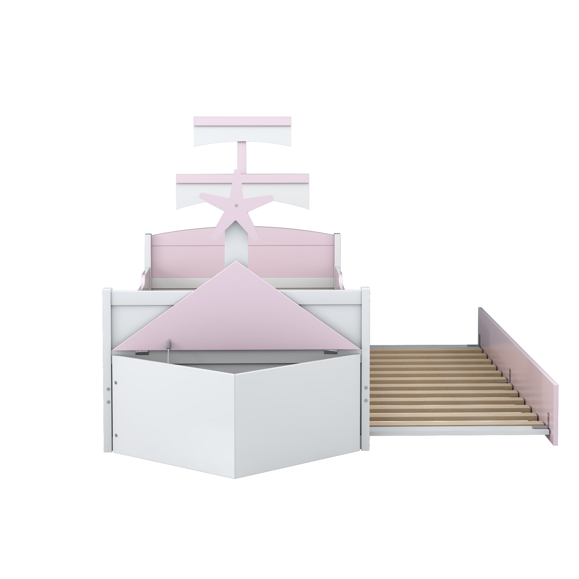Children's Bed 90*200, Sailboat Shape with Pull-Out Bed & Storage, Pink Wood