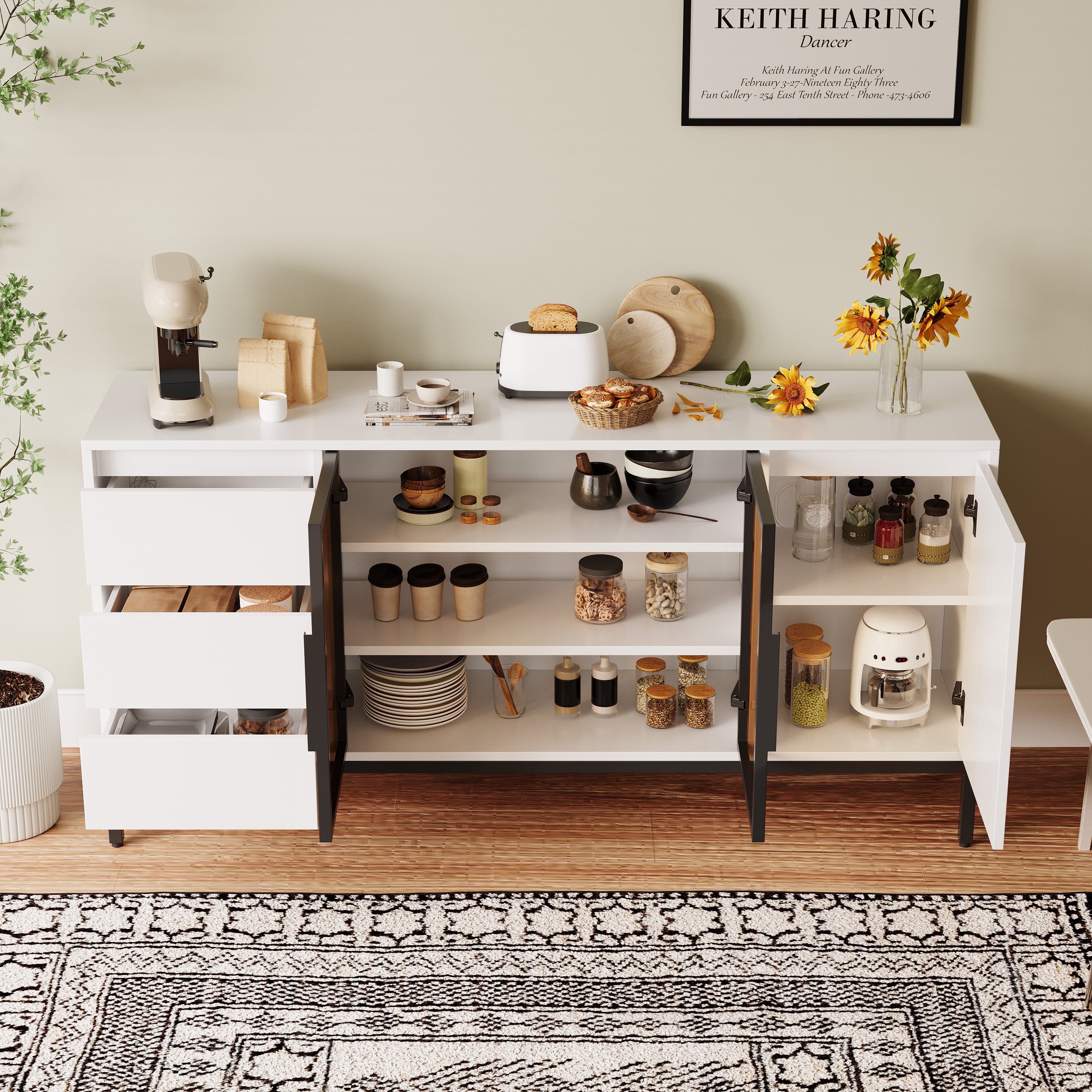 Buffet Cabinet with Doors, 3 Drawers & Display Storage - White