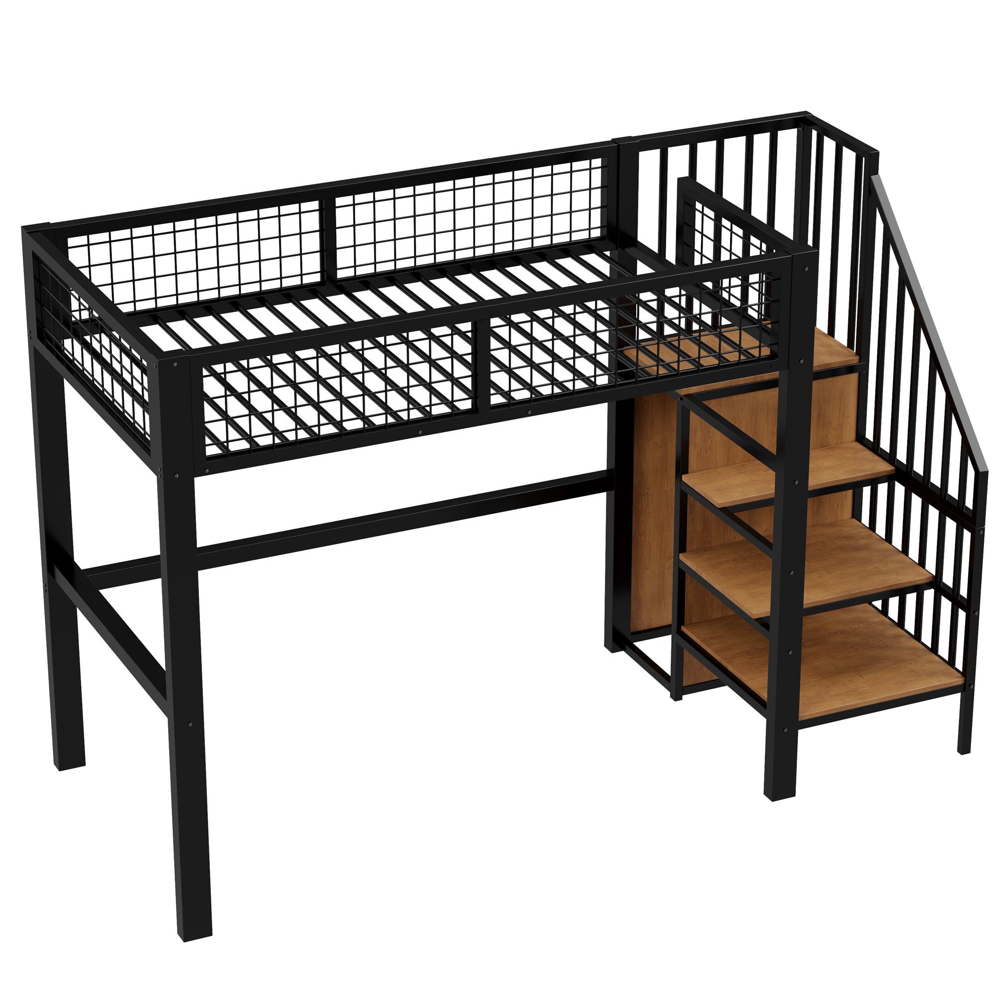 Loft Bed, 90x200 with Ladder & Storage, Iron Frame, Black